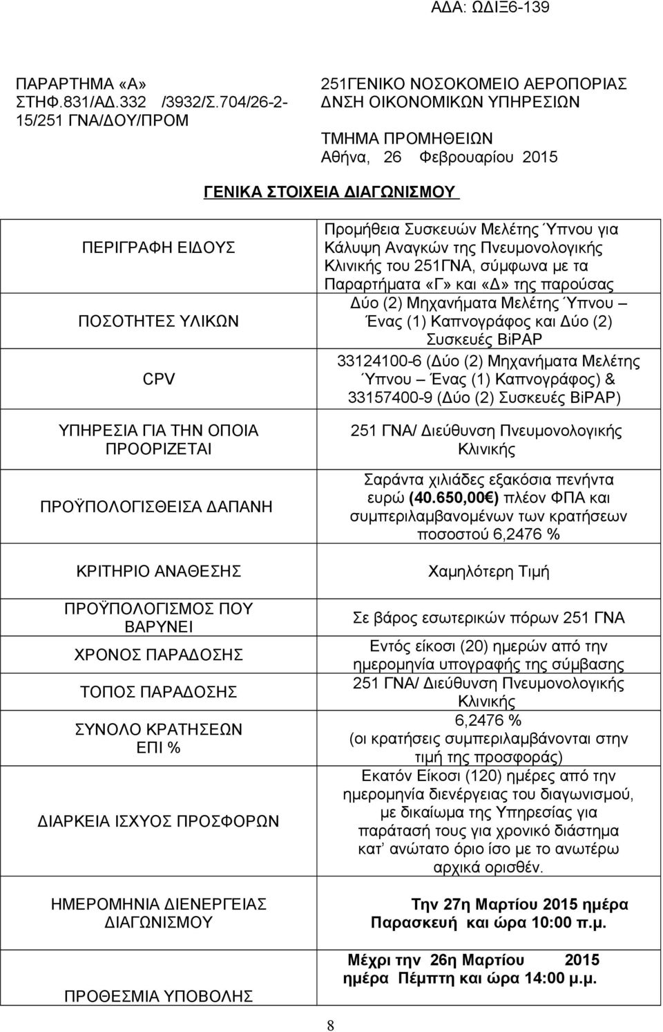 ΥΠΗΡΕΣΙΑ ΓΙΑ ΤΗΝ ΟΠΟΙΑ ΠΡΟΟΡΙΖΕΤΑΙ ΠΡΟΫΠΟΛΟΓΙΣΘΕΙΣΑ ΔΑΠΑΝΗ ΚΡΙΤΗΡΙΟ ΑΝΑΘΕΣΗΣ ΠΡΟΫΠΟΛΟΓΙΣΜΟΣ ΠΟΥ ΒΑΡΥΝΕΙ ΧΡΟΝΟΣ ΠΑΡΑΔΟΣΗΣ ΤΟΠΟΣ ΠΑΡΑΔΟΣΗΣ ΣΥΝΟΛΟ ΚΡΑΤΗΣΕΩΝ ΕΠΙ % ΔΙΑΡΚΕΙΑ ΙΣΧΥΟΣ ΠΡΟΣΦΟΡΩΝ ΗΜΕΡΟΜΗΝΙΑ