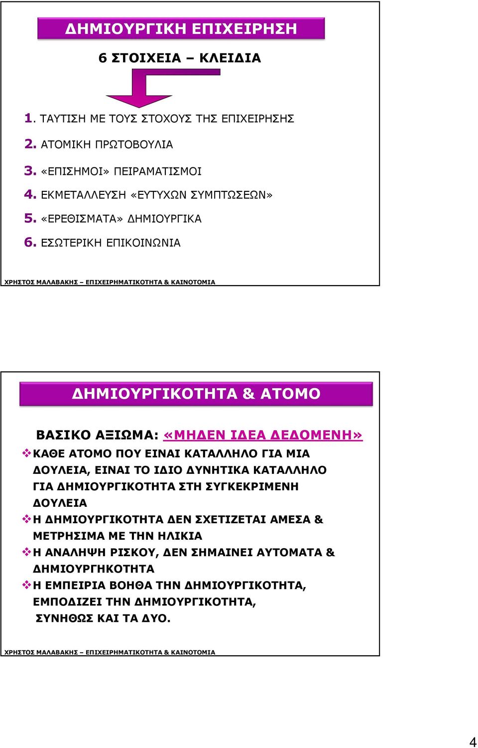 ΕΣΩΤΕΡΙΚΗ ΕΠΙΚΟΙΝΩΝΙΑ ΔΗΜΙΟΥΡΓΙΚΟΤΗΤΑ & ΑΤΟΜΟ ΒΑΣΙΚΟ ΑΞΙΩΜΑ: «ΜΗΔΕΝ ΙΔΕΑ ΔΕΔΟΜΕΝΗ» ΚΑΘΕ ΑΤΟΜΟ ΠΟΥ ΕΙΝΑΙ ΚΑΤΑΛΛΗΛΟ ΓΙΑ ΜΙΑ ΔΟΥΛΕΙΑ, ΕΙΝΑΙ ΤΟ ΙΔΙΟ ΔΥΝΗΤΙΚΑ