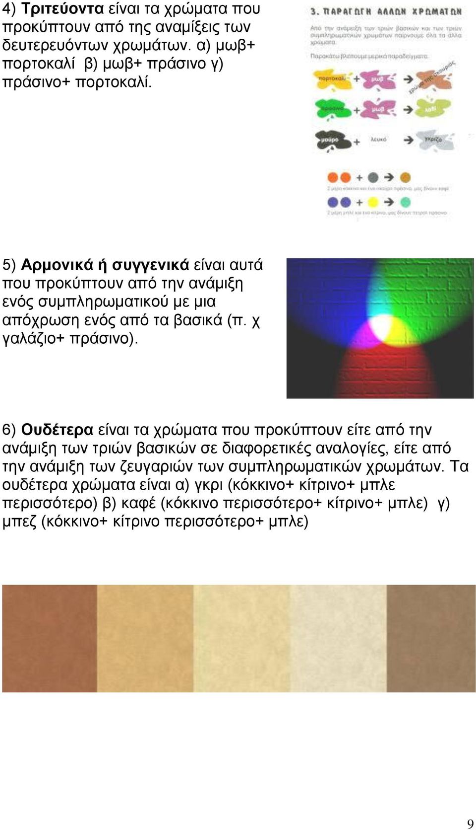 6) Ουδέτερα είναι τα χρώματα που προκύπτουν είτε από την ανάμιξη των τριών βασικών σε διαφορετικές αναλογίες, είτε από την ανάμιξη των ζευγαριών των