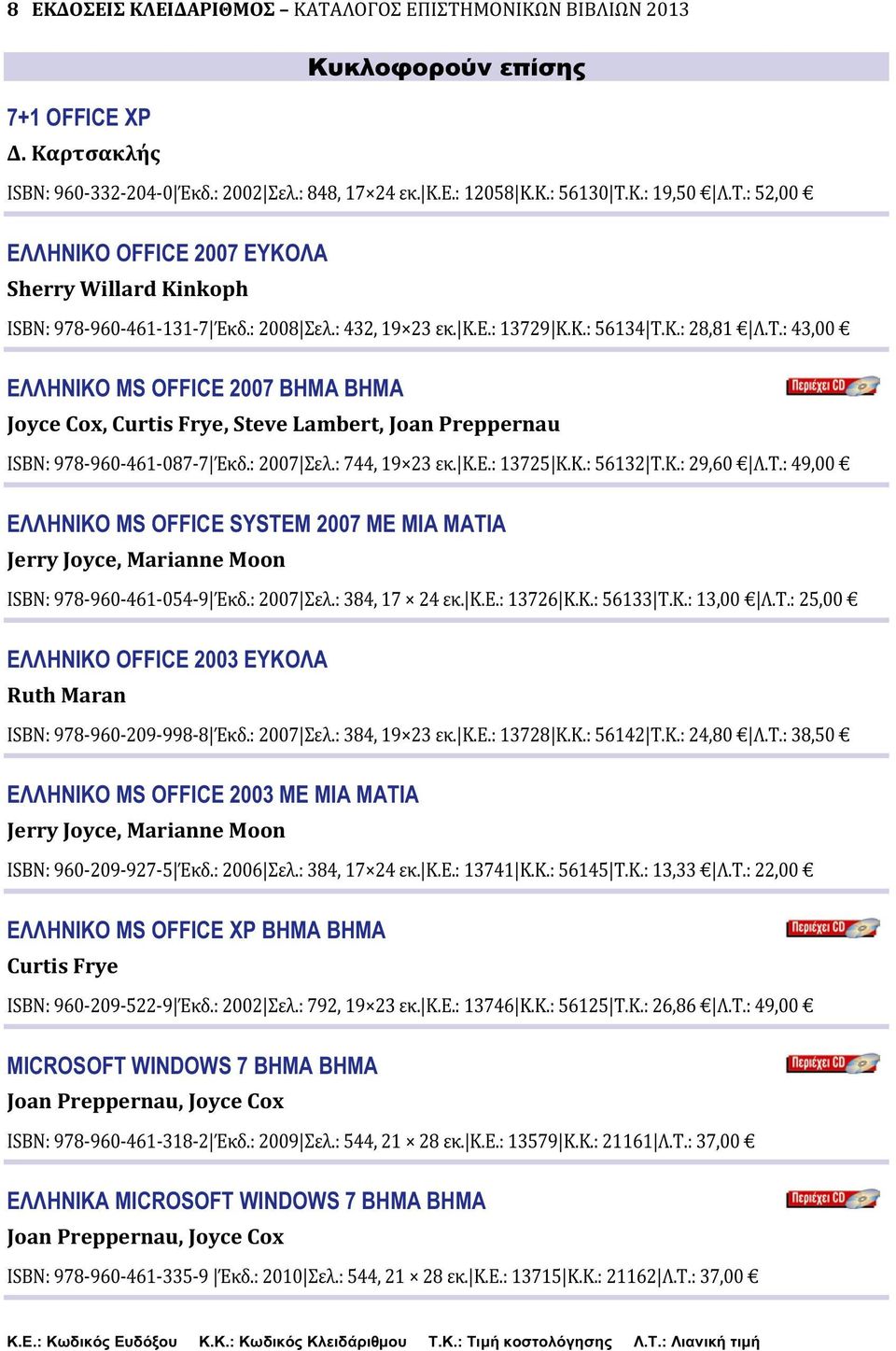 : 2007 Σελ.: 744, 19 23 εκ. Κ.Ε.: 13725 Κ.Κ.: 56132 Τ.K.: 29,60 Λ.Τ.: 49,00 ΕΛΛΗΝΙΚΟ MS OFFICE SYSTEM 2007 ΜΕ ΜΙΑ ΜΑΤΙΑ Jerry Joyce, Marianne Moon ISBN: 978-960-461-054-9 Έκδ.: 2007 Σελ.: 384, 17 24 εκ.