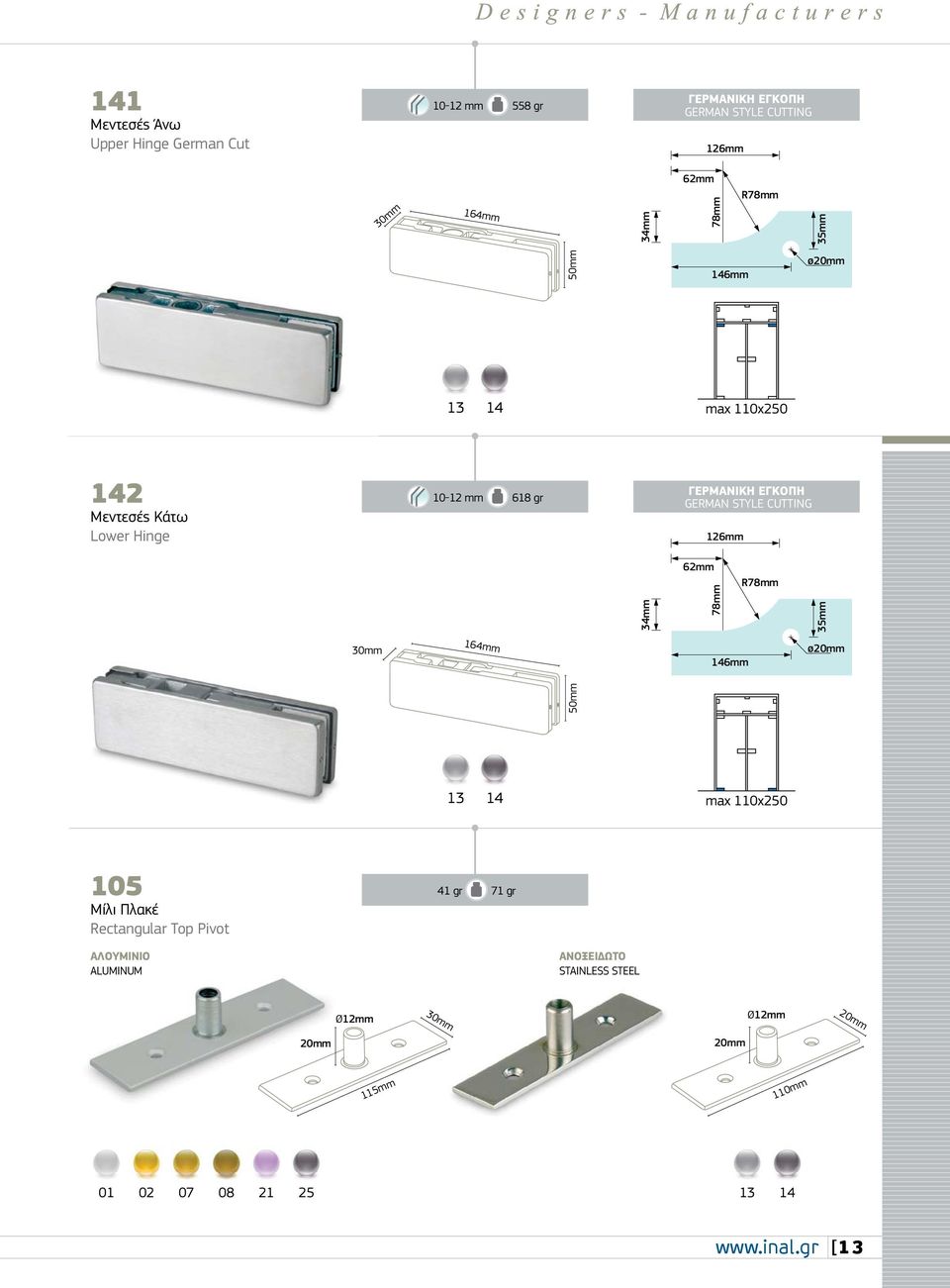 62mm 78mm R78mm 35mm 30mm 164mm 146mm Ø20mm 13 14 max 110x250 105 Μίλι Πλακέ Rectangular Top Pivot 41 gr 71 gr