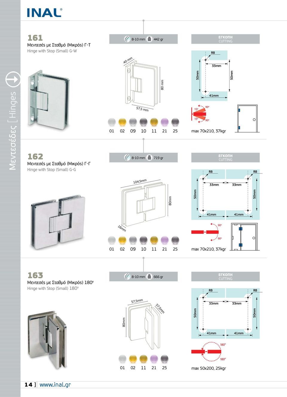 R8 R8 104,5mm 33mm 33mm 80mm 41mm max 70x210, 37kgr 163 Μεντεσές με Σταθμό (Μικρός) 180 o Hinge with Stop (Small) 180 o 8-10 mm