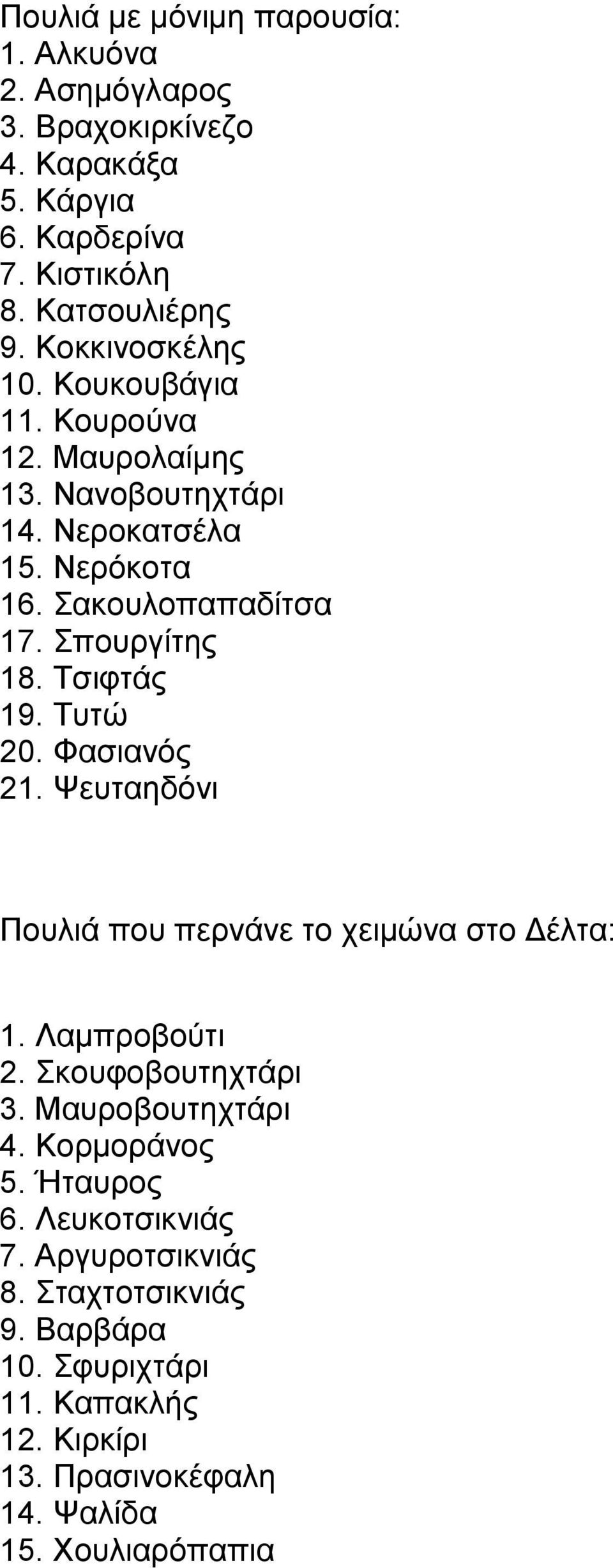 Τσιφτάς 19. Τυτώ 20. Φασιανός 21. Ψευταηδόνι Πουλιά που περνάνε το χειμώνα στο Δέλτα: 1. Λαμπροβούτι 2. Σκουφοβουτηχτάρι 3. Μαυροβουτηχτάρι 4.