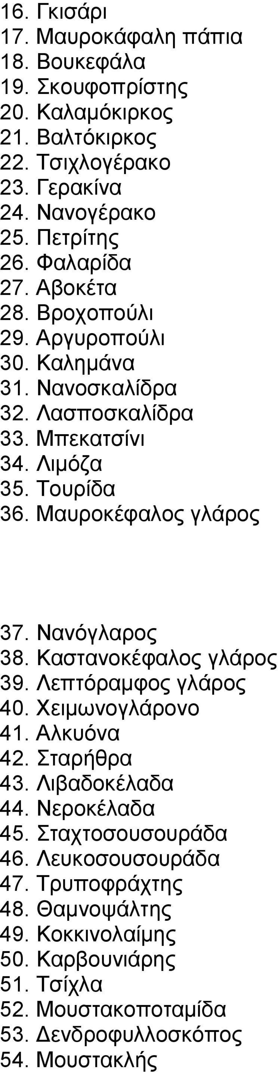 Μαυροκέφαλος γλάρος 37. Νανόγλαρος 38. Καστανοκέφαλος γλάρος 39. Λεπτόραμφος γλάρος 40. Χειμωνογλάρονο 41. Αλκυόνα 42. Σταρήθρα 43. Λιβαδοκέλαδα 44.