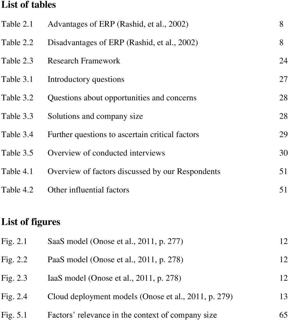 5 Overview of conducted interviews 30 Table 4.1 Overview of factors discussed by our Respondents 51 Table 4.2 Other influential factors 51 List of figures Fig. 2.1 SaaS model (Onose et al., 2011, p.