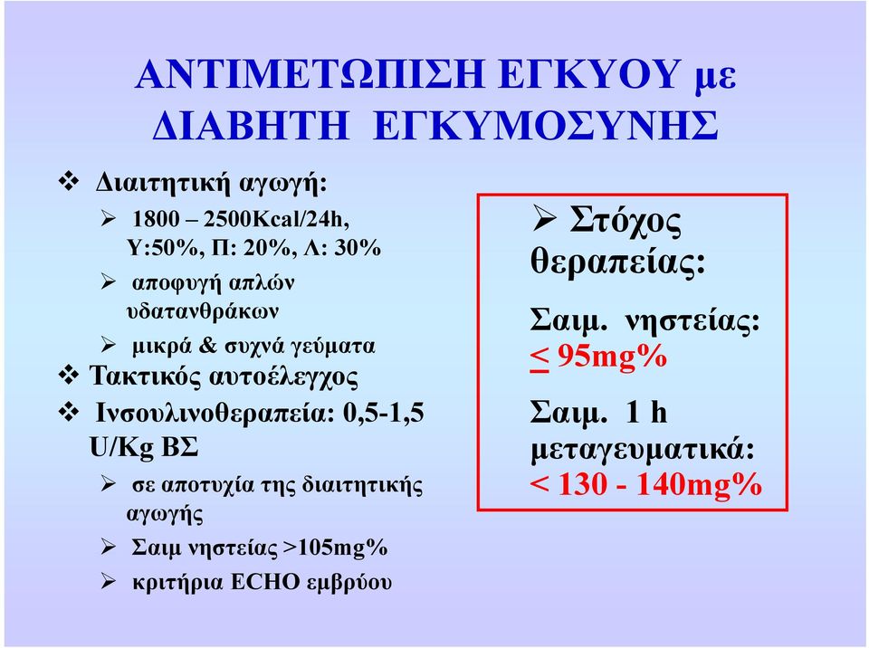 Ινσουλινοθεραπεία: 0515 0,5-1,5 U/Kg ΒΣ σε αποτυχία της διαιτητικής αγωγής Σαιμ νηστείας