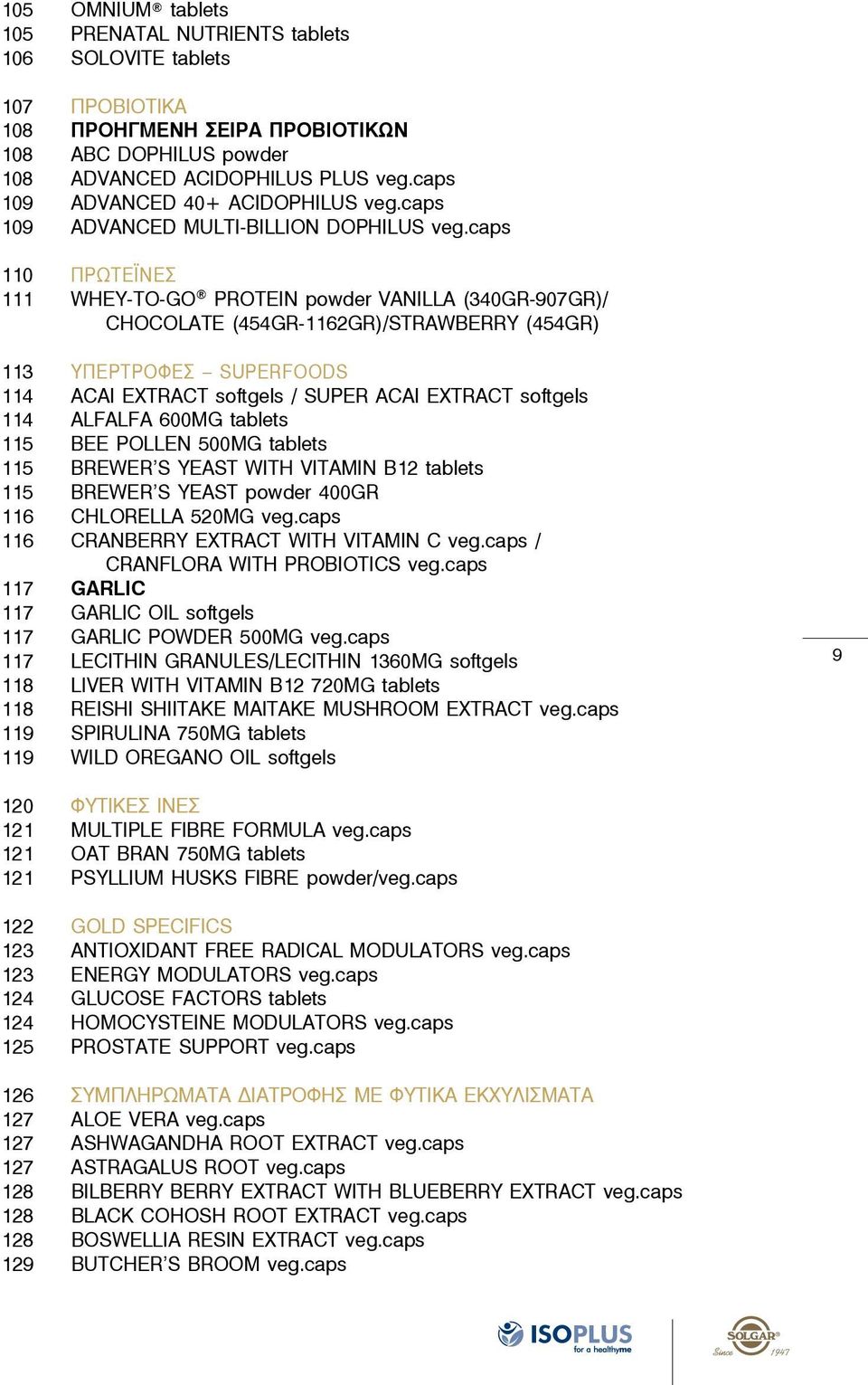 caps 110 ΠΡΩΤΕΪΝΕΣ 111 whey-to-go Protein powder vanilla (340gr-907gr)/ CHOCOLATE (454gr-1162gr)/strawberry (454gr) 113 ΥΠΕΡΤΡΟΦΕΣ SUPERFOODS 114 Acai Extract softgels / Super Acai Extract softgels