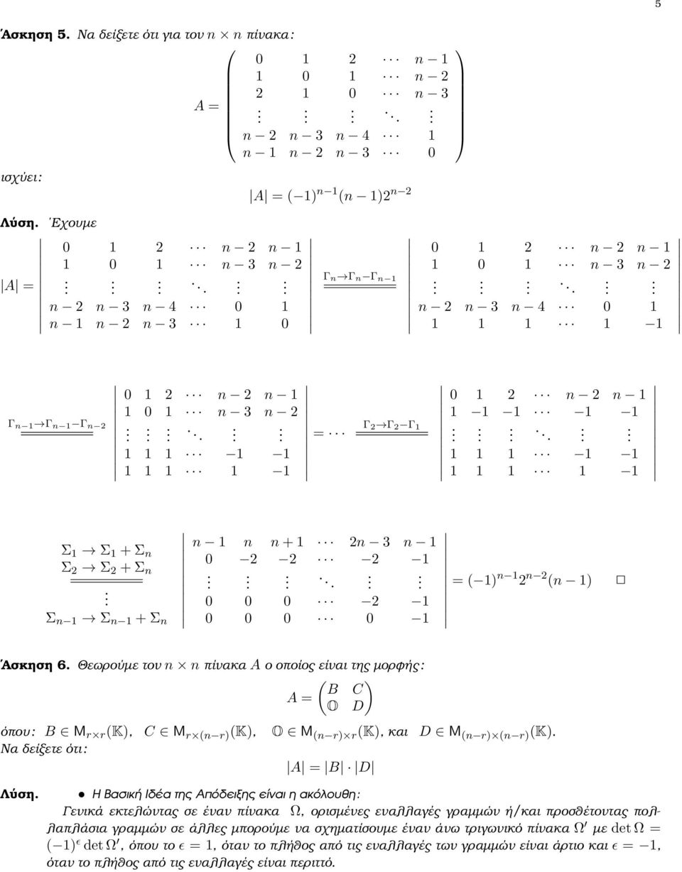 (n r) (K), O M (n r) r (K), και D M (n r) (n r) (K) Να δείξετε ότι : A = B D Λύση Η Βασική Ιδέα της Απόδειξης είναι η ακόλουθη: Γενικά εκτελώντας σε έναν πίνακα Ω, ορισµένες εναλλαγές γραµµών ή/και