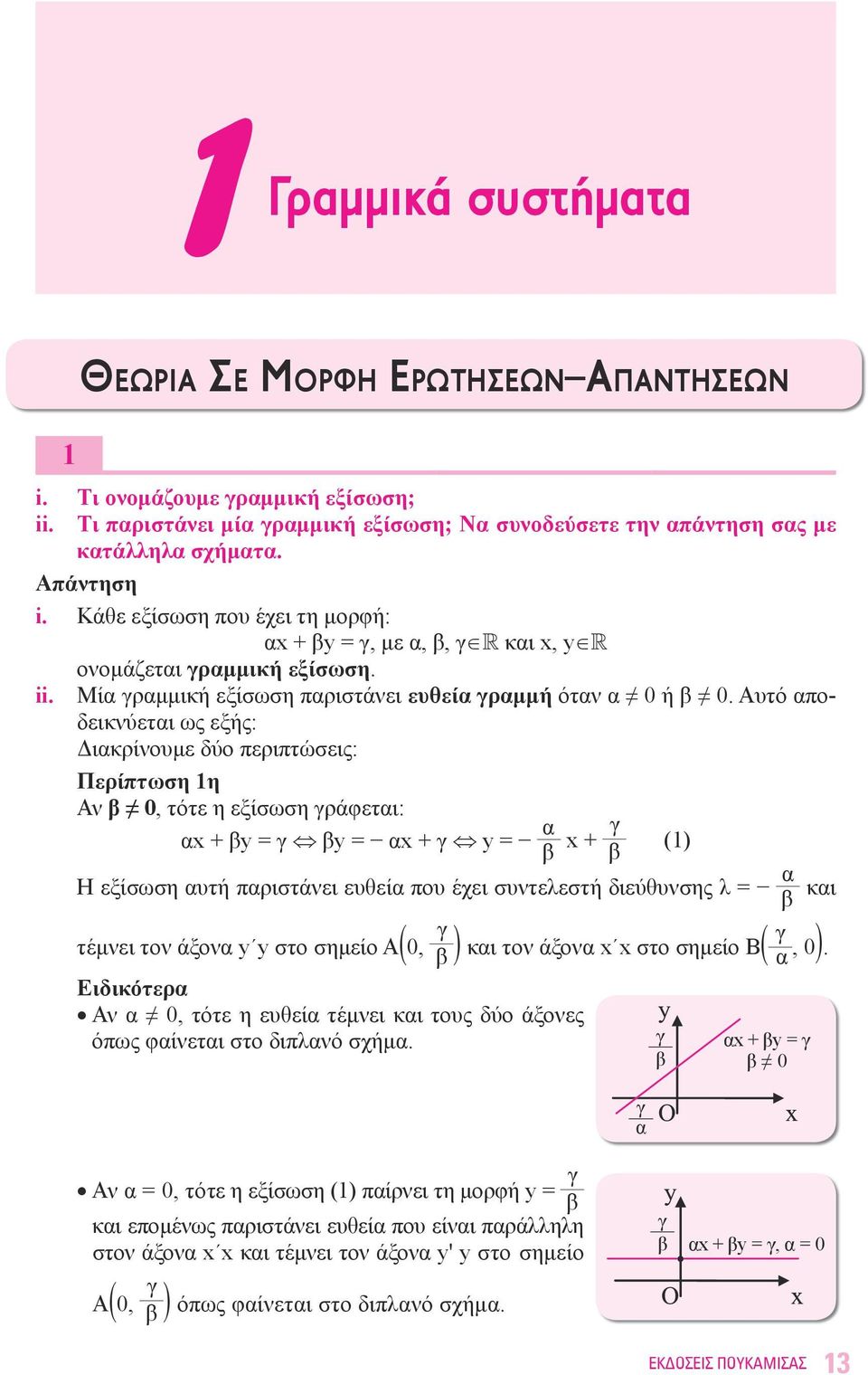 Αυτό αποδεικνύεται ως εξής: Διακρίνουμε δύο περιπτώσεις: Περίπτωση 1η Αν β 0, τότε η εξίσωση γράφεται: αx + βy = γ βy = αx + γ y = α β x + γ β (1) Η εξίσωση αυτή παριστάνει ευθεία που έχει συντελεστή
