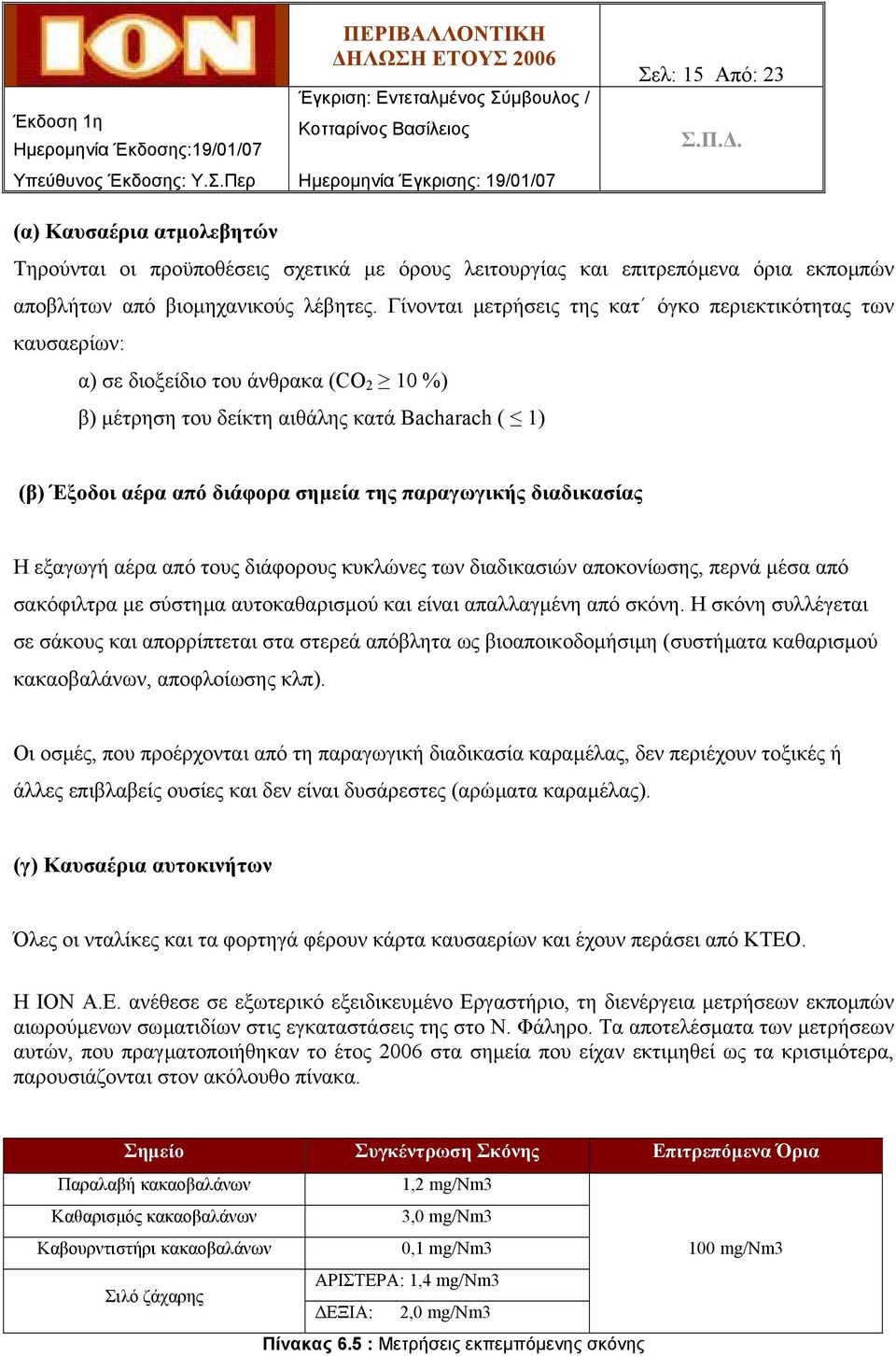 παραγωγικής διαδικασίας Η εξαγωγή αέρα από τους διάφορους κυκλώνες των διαδικασιών αποκονίωσης, περνά µέσα από σακόφιλτρα µε σύστηµα αυτοκαθαρισµού και είναι απαλλαγµένη από σκόνη.