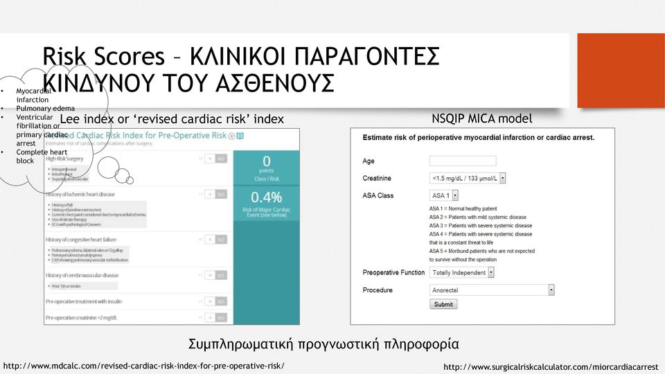 cardiac risk index NSQIP MICA model Συμπληρωματική προγνωστική πληροφορία http://www.mdcalc.