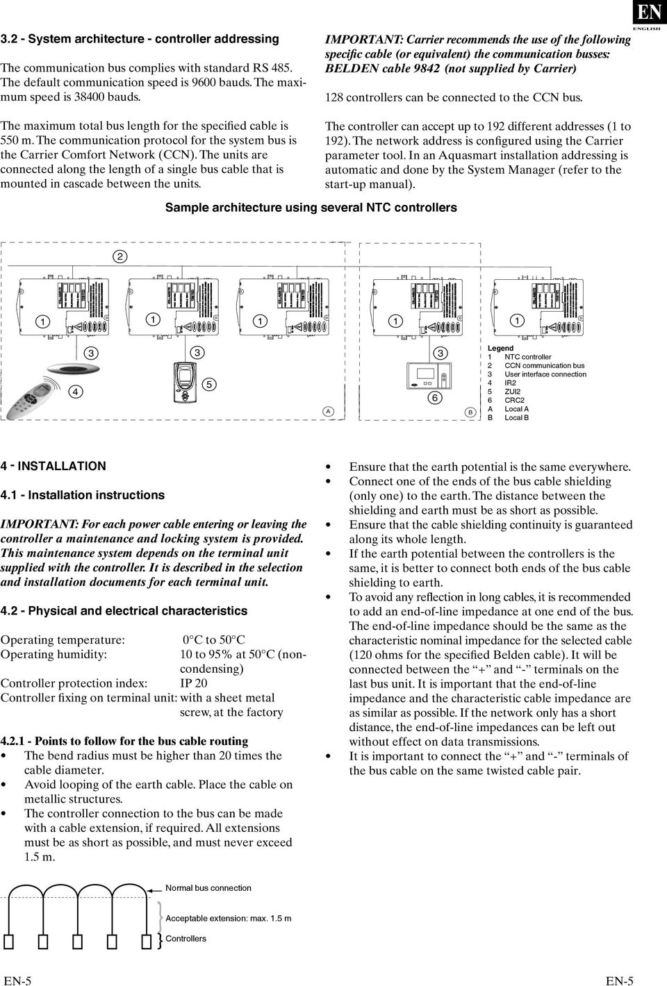 bus. en ENGLISH The maximum total bus length for the specified cable is 550 m. The communication protocol for the system bus is the Carrier Comfort Network (CCN).