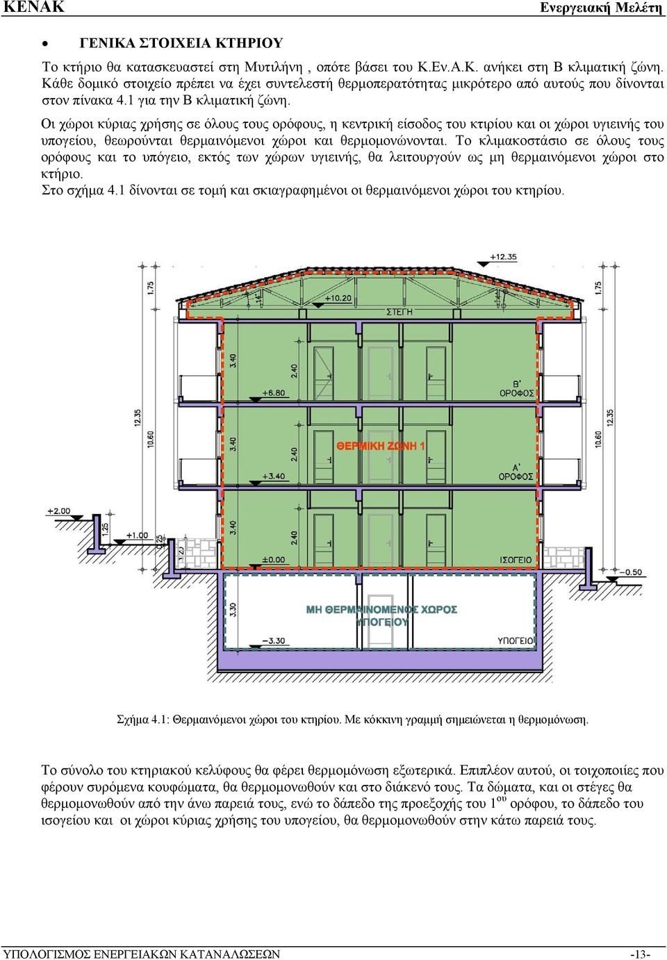 Οι χώροι κύριας χρήσης σε όλους τους ορόφους, η κεντρική είσοδος του κτιρίου και οι χώροι υγιεινής του υπογείου, θεωρούνται θερμαινόμενοι χώροι και θερμομονώνονται.