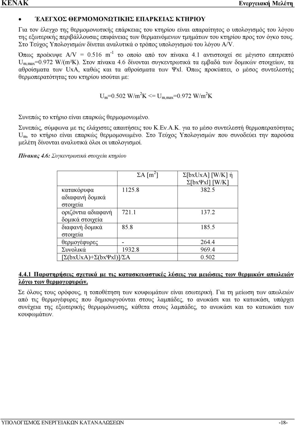 1 αντιστοιχεί σε μέγιστο επιτρεπτό U m,max =0.972 W/(m²K). Στον πίνακα 4.6 δίνονται συγκεντρωτικά τα εμβαδά των δομικών στοιχείων, τα αθροίσματα των UxA, καθώς και τα αθροίσματα των Ψxl.