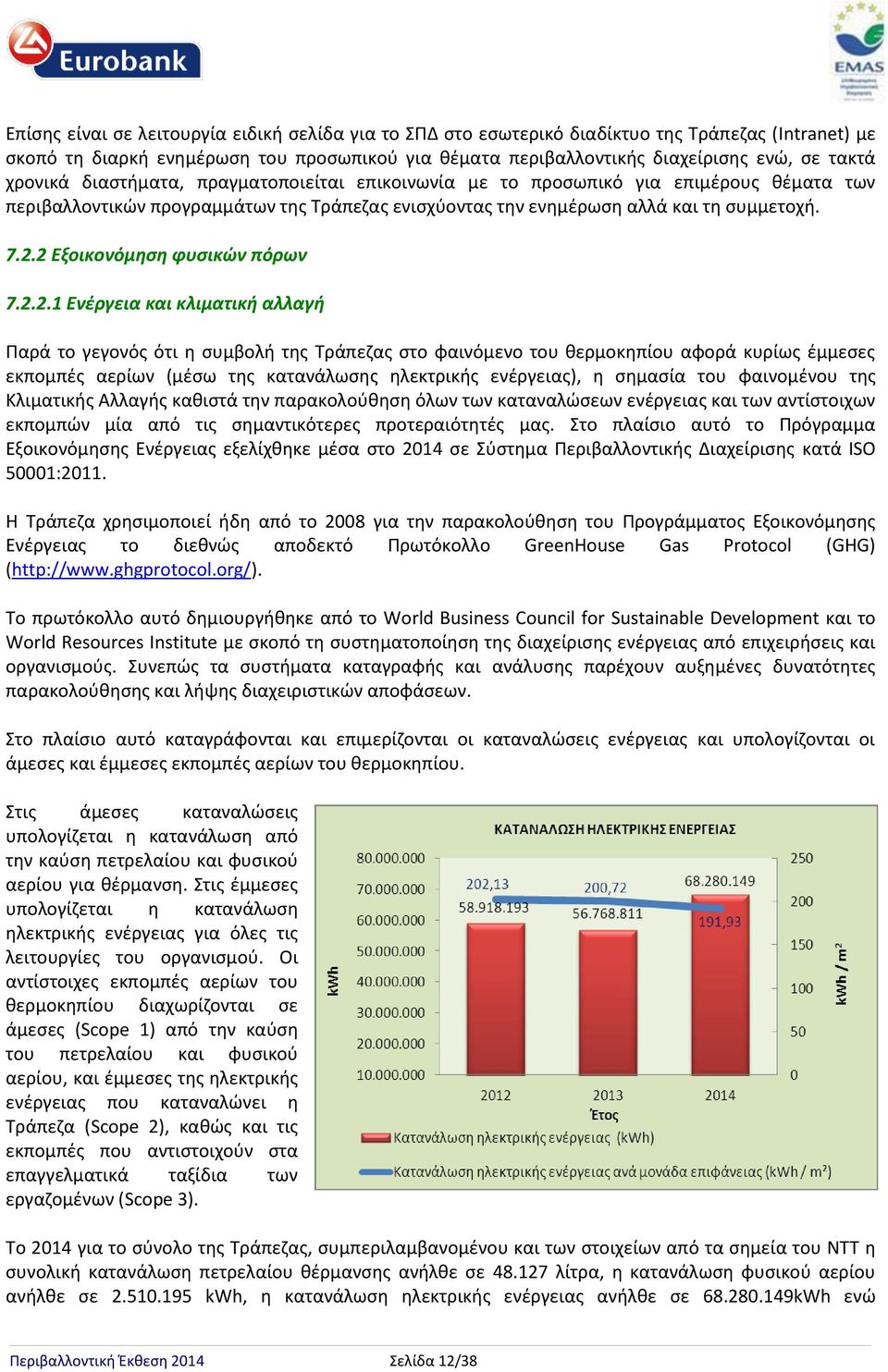 2 Εξοικονόμηση φυσικών πόρων 7.2.2.1 Ενέργεια και κλιματική αλλαγή Παρά το γεγονός ότι η συμβολή της Τράπεζας στο φαινόμενο του θερμοκηπίου αφορά κυρίως έμμεσες εκπομπές αερίων (μέσω της κατανάλωσης