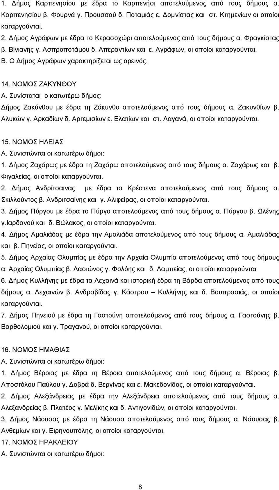 14. ΝΟΜΟΣ ΖΑΚΥΝΘΟΥ Α. Συνίσταται ο κατωτέρω δήμος: ήμος Ζακύνθου με έδρα τη Ζάκυνθο αποτελούμενος από τους δήμους α. Ζακυνθίων β. Αλυκών γ. Αρκαδίων δ. Αρτεμισίων ε. Ελατίων και στ.