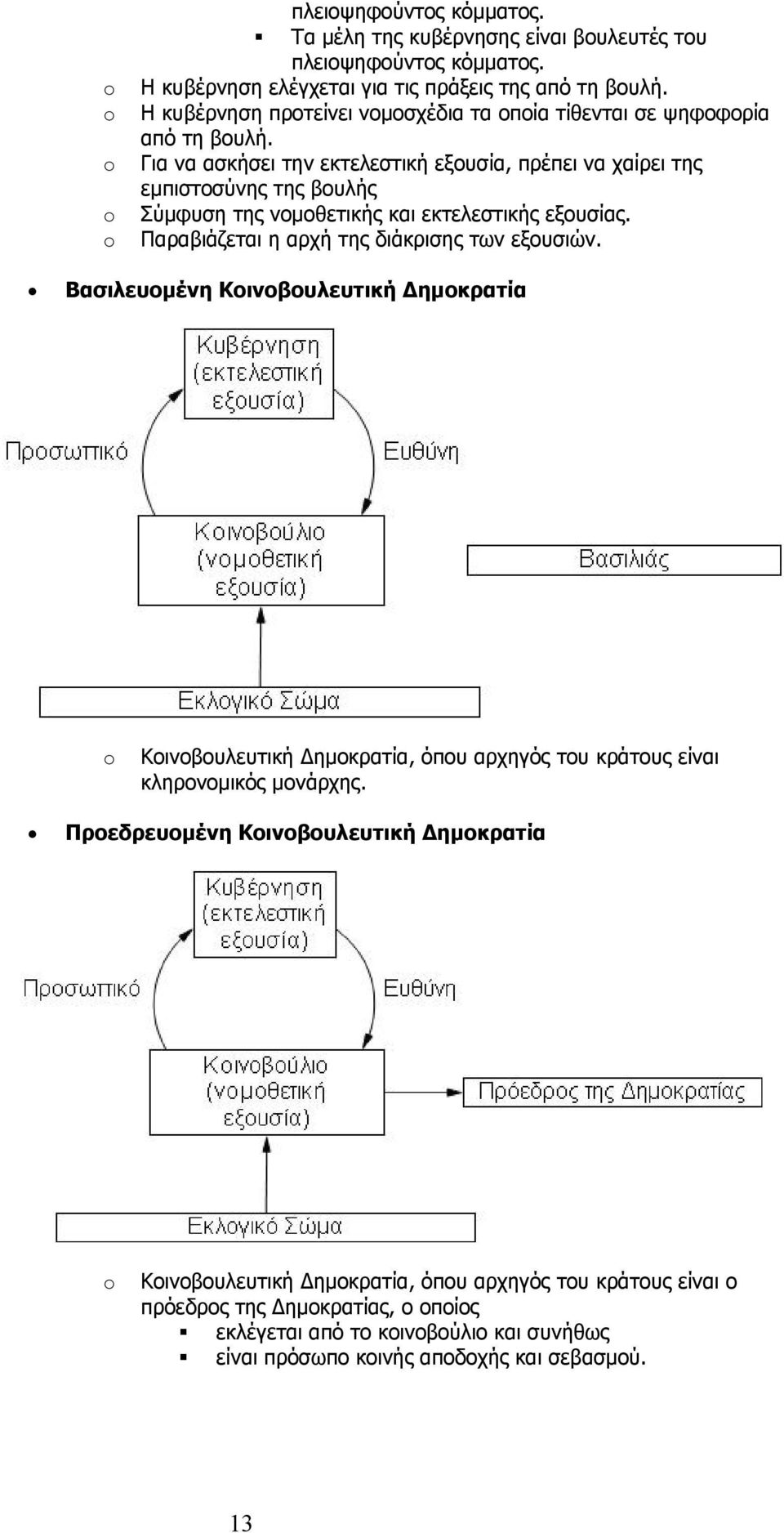 Για να ασκήσει την εκτελεστική εξουσία, πρέπει να χαίρει της εμπιστοσύνης της βουλής Σύμφυση της νομοθετικής και εκτελεστικής εξουσίας. Παραβιάζεται η αρχή της διάκρισης των εξουσιών.