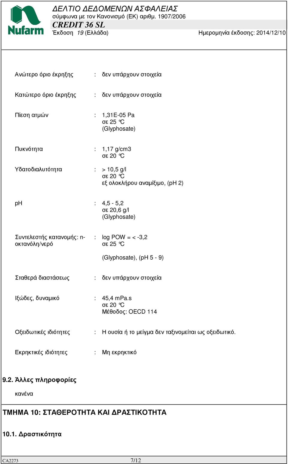 25 C (Glyphosate), (ph 5-9) Σταθερά διαστάσεως : δεν υπάρχουν στοιχεία Ιξώδες, δυναµικό : 45,4 mpa.