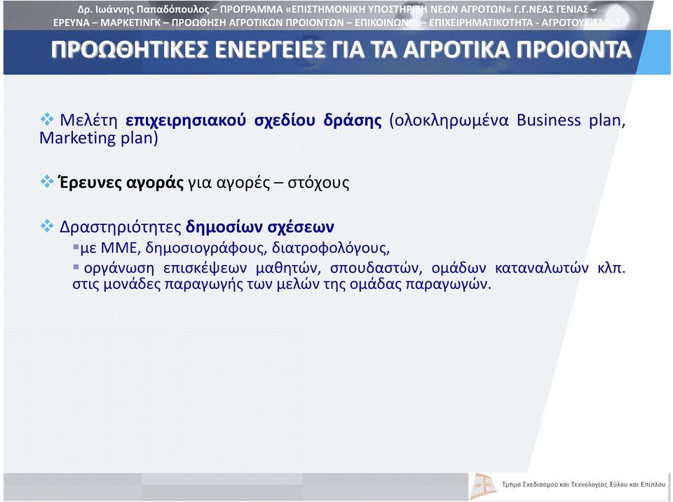 Δραστηριότητες δημοσίων σχέσεων με ΜΜΕ, δημοσιογράφους, διατροφολόγους, οργάνωση