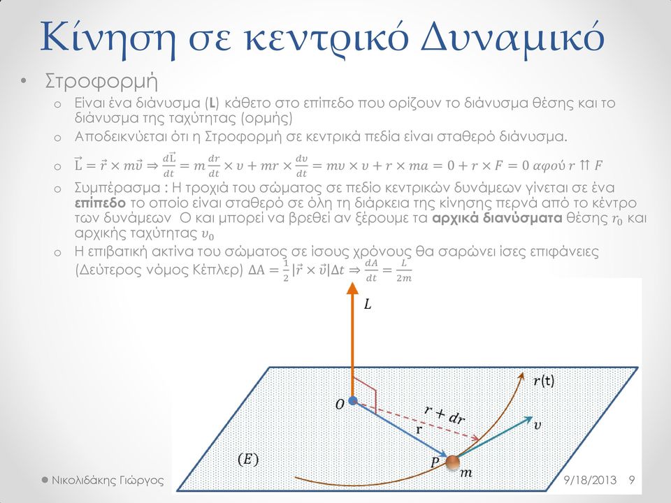 L = r mυ dl dt dr dυ = m υ + mr = mυ υ + r ma = 0 + r F = 0 αφού r F dt dt Συμπέρασμα : H τροχιά του σώματος σε πεδίο κεντρικών δυνάμεων γίνεται σε ένα επίπεδο το οποίο είναι