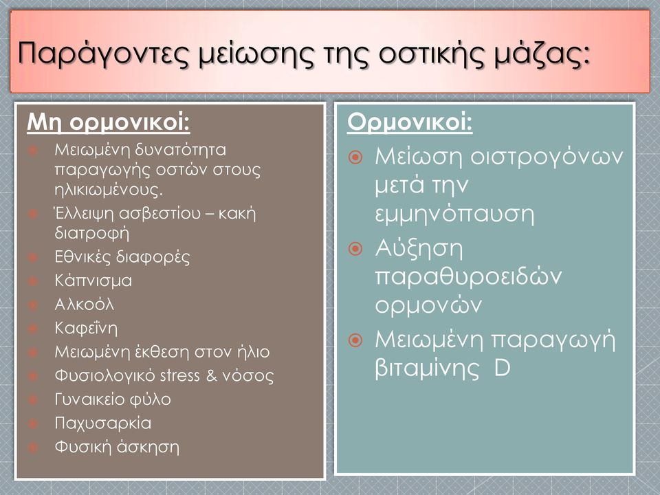 Έλλειψη ασβεστίου κακή διατροφή Εθνικές διαφορές Κάπνισμα Αλκοόλ Καφεΐνη Μειωμένη έκθεση στον