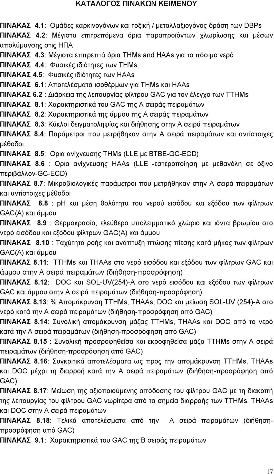 4: Φυσικές ιδιότητες των THMs ΠΙΝΑΚΑΣ 4.5: Φυσικές ιδιότητες των ΗΑΑs ΠΙΝΑΚΑΣ 6.1: Αποτελέσµατα ισοθέρµων για ΤΗΜs και HAAs ΠΙΝΑΚΑΣ 6.