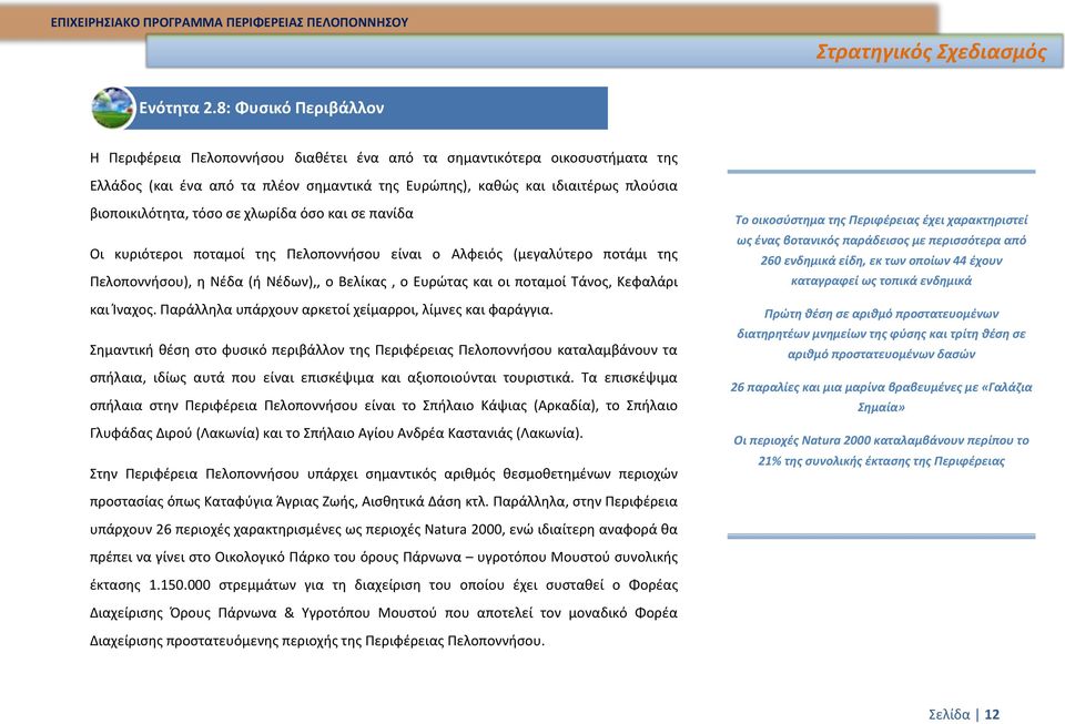 τόσο σε χλωρίδα όσο και σε πανίδα Οι κυριότεροι ποταμοί της Πελοποννήσου είναι ο Αλφειός (μεγαλύτερο ποτάμι της Πελοποννήσου), η Νέδα (ή Νέδων),, ο Βελίκας, ο Ευρώτας και οι ποταμοί Τάνος, Κεφαλάρι