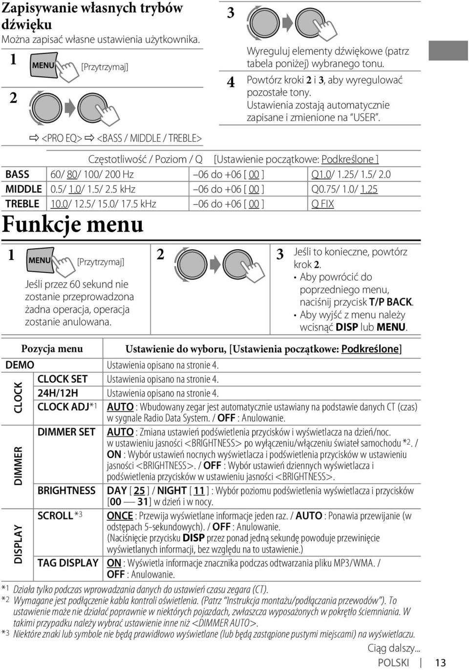 Pozycja menu Ustawienie do wyboru, [Ustawienia początkowe: Podkreślone] DEMO Ustawienia opisano na stronie 4. CLOCK SET Ustawienia opisano na stronie 4. 4H/H Ustawienia opisano na stronie 4.