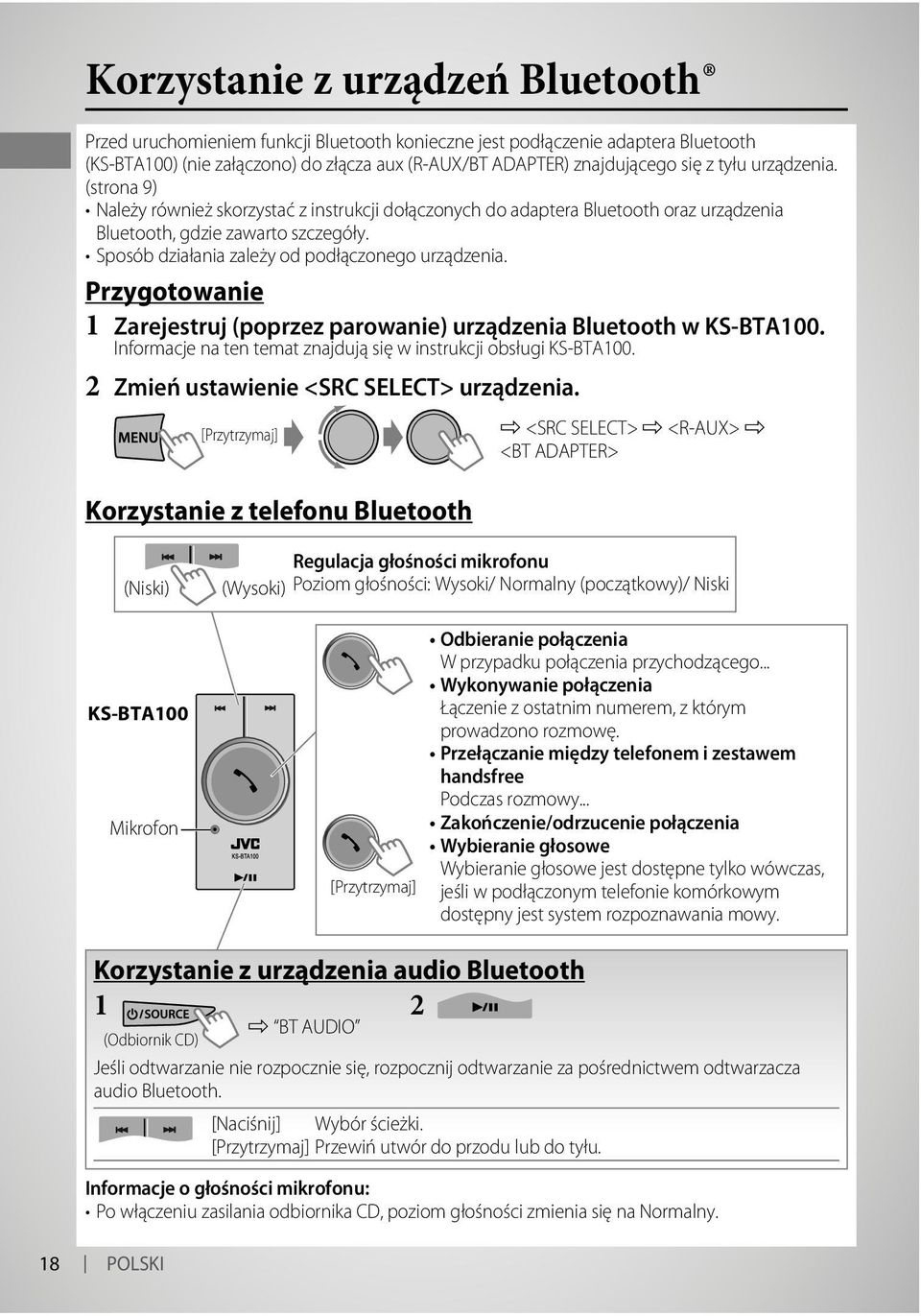 Sposób działania zależy od podłączonego urządzenia. Przygotowanie Zarejestruj (poprzez parowanie) urządzenia Bluetooth w KS-BTA00. Informacje na ten temat znajdują się w instrukcji obsługi KS-BTA00.