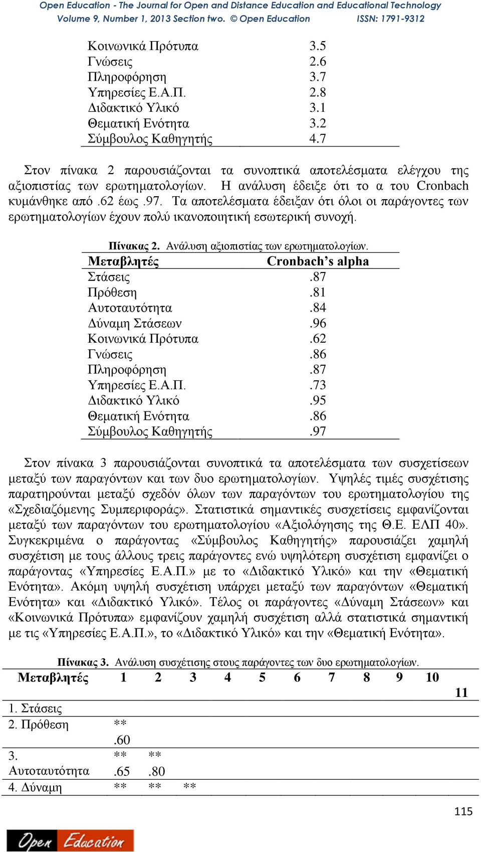 Τα αποτελέσματα έδειξαν ότι όλοι οι παράγοντες των ερωτηματολογίων έχουν πολύ ικανοποιητική εσωτερική συνοχή. Πίνακας 2. Ανάλυση αξιοπιστίας των ερωτηματολογίων. Μεταβλητές Cronbach s alpha Στάσεις.