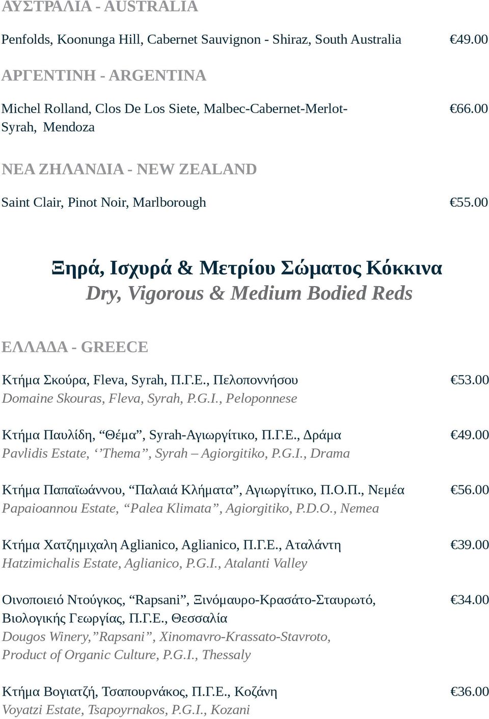 G.I., Peloponnese Κτήμα Παυλίδη, Θέμα, Syrah-Αγιωργίτικο, Π.Γ.Ε., Δράμα Pavlidis Estate, Thema, Syrah Agiorgitiko, P.G.I., Drama Κτήμα Παπαϊωάννου, Παλαιά Κλήματα, Αγιωργίτικο, Π.Ο.Π., Νεμέα Papaioannou Estate, Palea Klimata, Agiorgitiko, P.