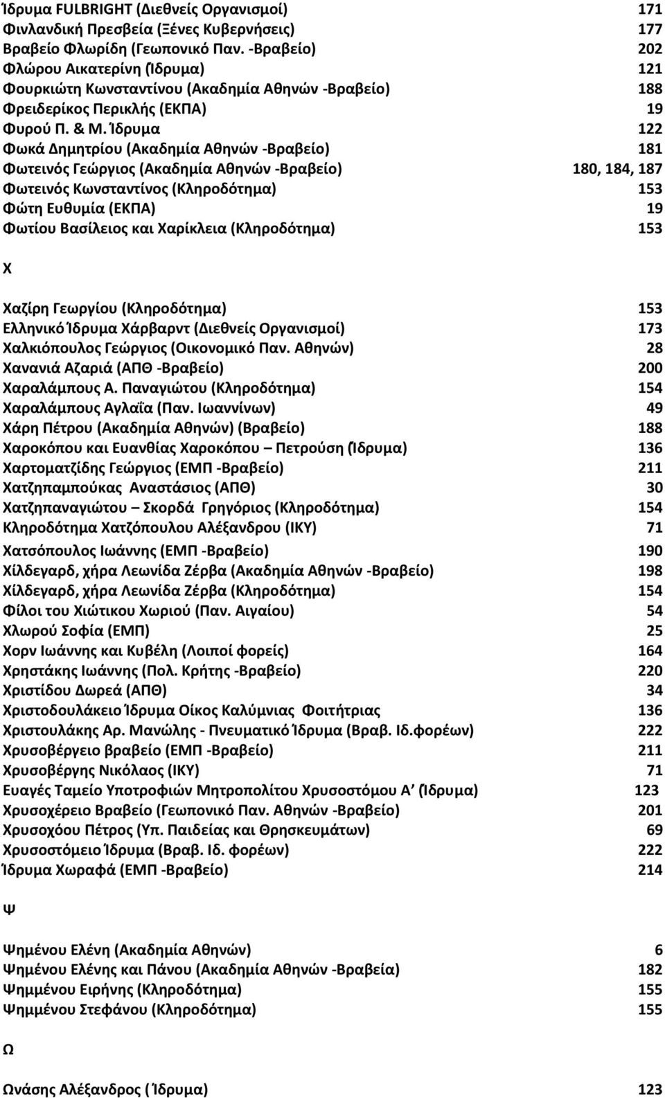 Ίδρυμα 122 Φωκά Δημητρίου (Ακαδημία Αθηνών -Βραβείο) 181 Φωτεινός Γεώργιος (Ακαδημία Αθηνών -Βραβείο) 180, 184, 187 Φωτεινός Κωνσταντίνος (Κληροδότημα) 153 Φώτη Ευθυμία (ΕΚΠΑ) 19 Φωτίου Βασίλειος και