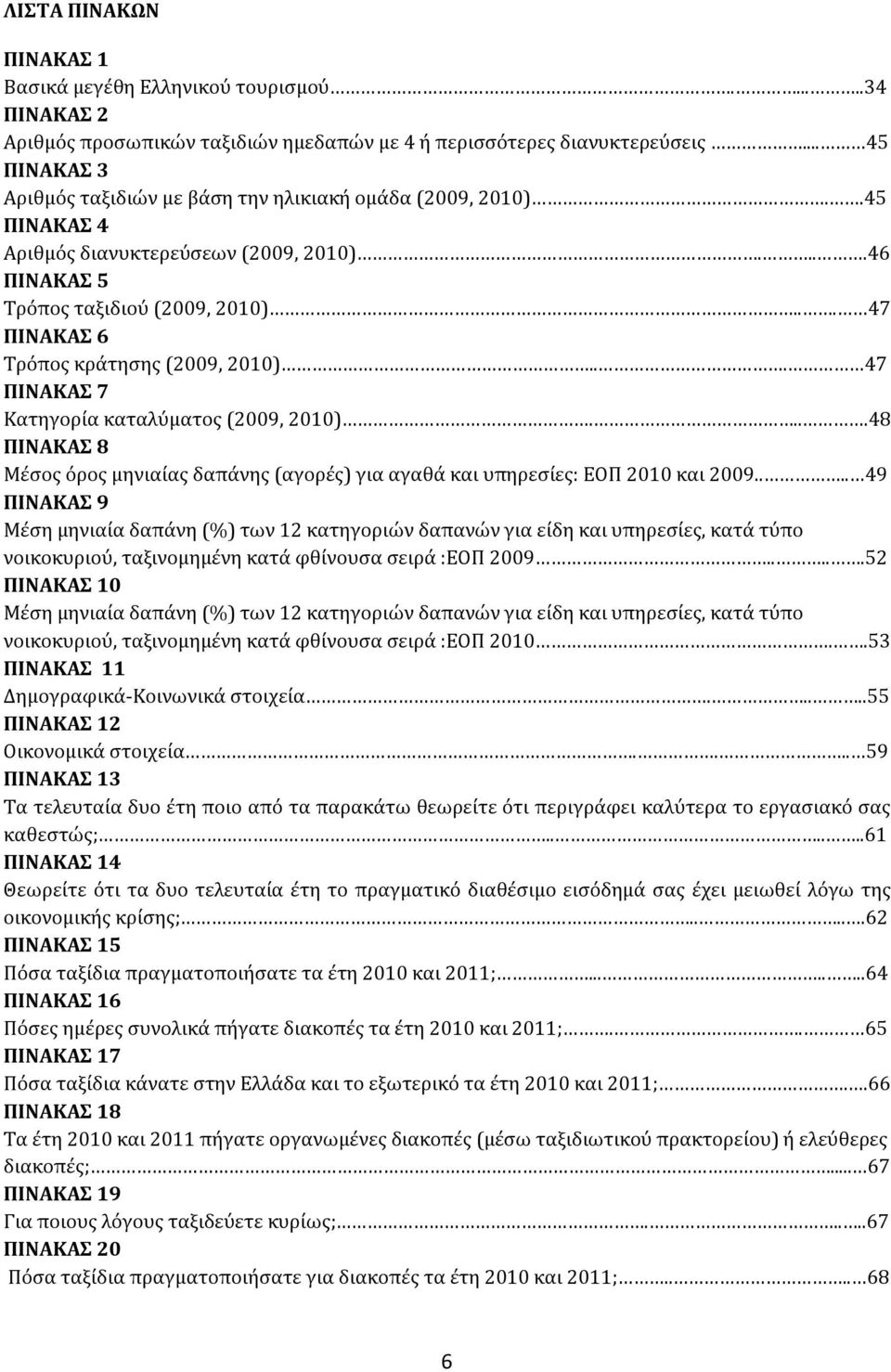 .. 47 ΠΙΝΑΚΑΣ 6 Τρόπος κράτησης (2009, 2010)... 47 ΠΙΝΑΚΑΣ 7 Κατηγορία καταλύματος (2009, 2010)....48 ΠΙΝΑΚΑΣ 8 Μέσος όρος μηνιαίας δαπάνης (αγορές) για αγαθά και υπηρεσίες: ΕΟΠ 2010 και 2009.