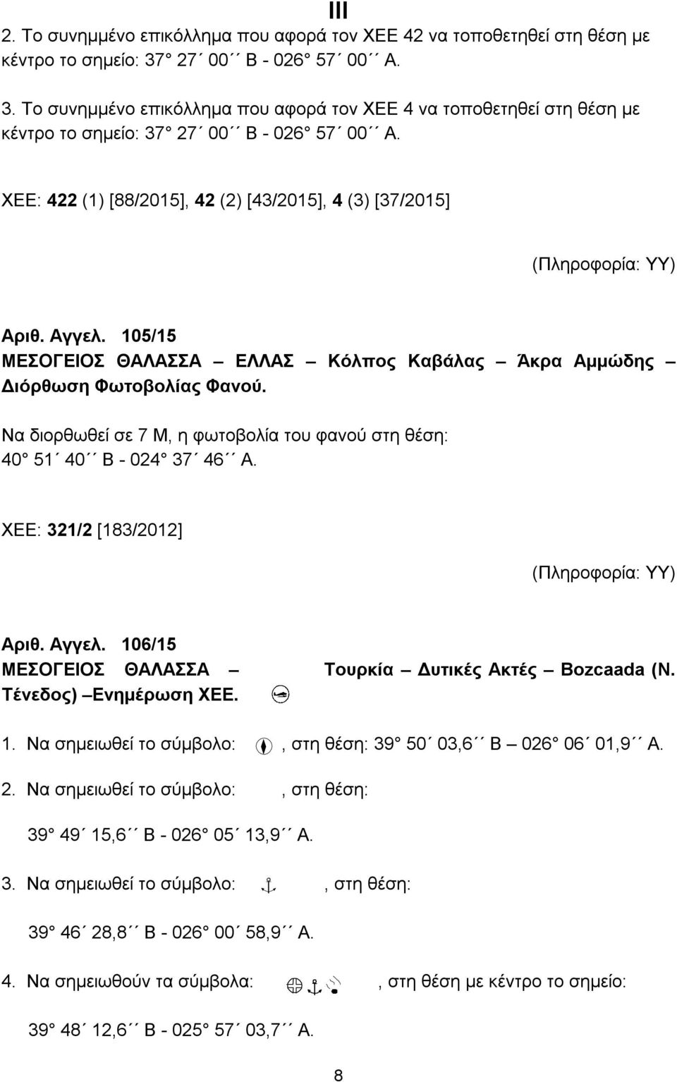 ΙII XEE: 422 (1) [88/2015], 42 (2) [43/2015], 4 (3) [37/2015] (Πληροφορία: ΥΥ) Αριθ. Αγγελ. 105/15 ΜΕΣΟΓΕΙΟΣ ΘΑΛΑΣΣΑ ΕΛΛΑΣ Κόλπος Καβάλας Άκρα Αμμώδης Διόρθωση Φωτοβολίας Φανού.