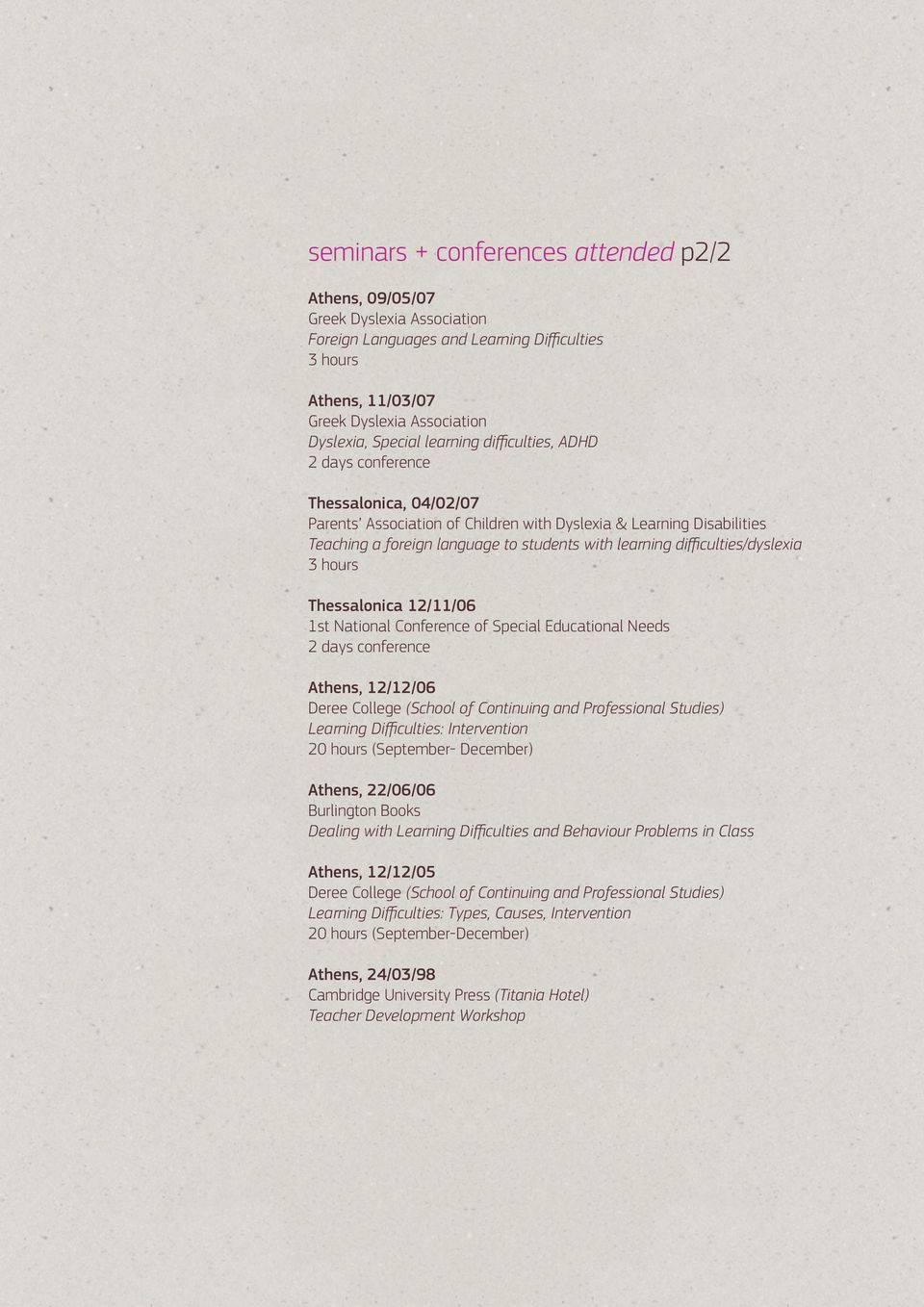 difficulties/dyslexia 3 hours Thessalonica 12/11/06 1st National Conference of Special Educational Needs 2 days conference Athens, 12/12/06 Deree College (School of Continuing and Professional