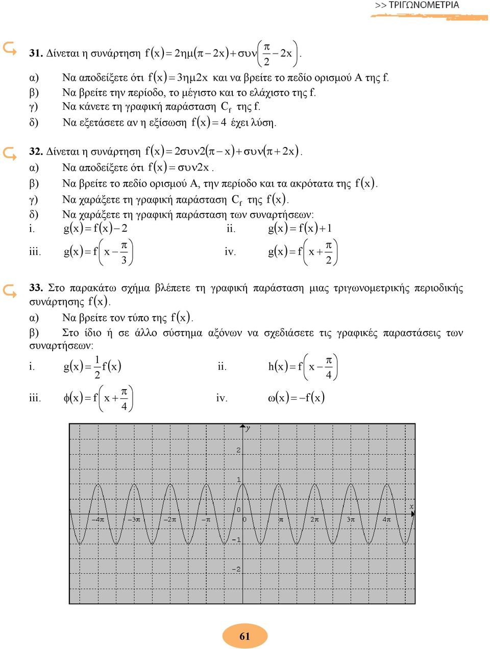 και τα ακρότατα της f γ) Να χαράξετε τη γραφική παράσταση C f της f ( ) δ) Να χαράξετε τη γραφική παράσταση των συναρτήσεων: i g = f ii g ( ) = f ( ) + 1 ( ) ( ) iii g ( ) = f iv g ( ) = f + π Στο