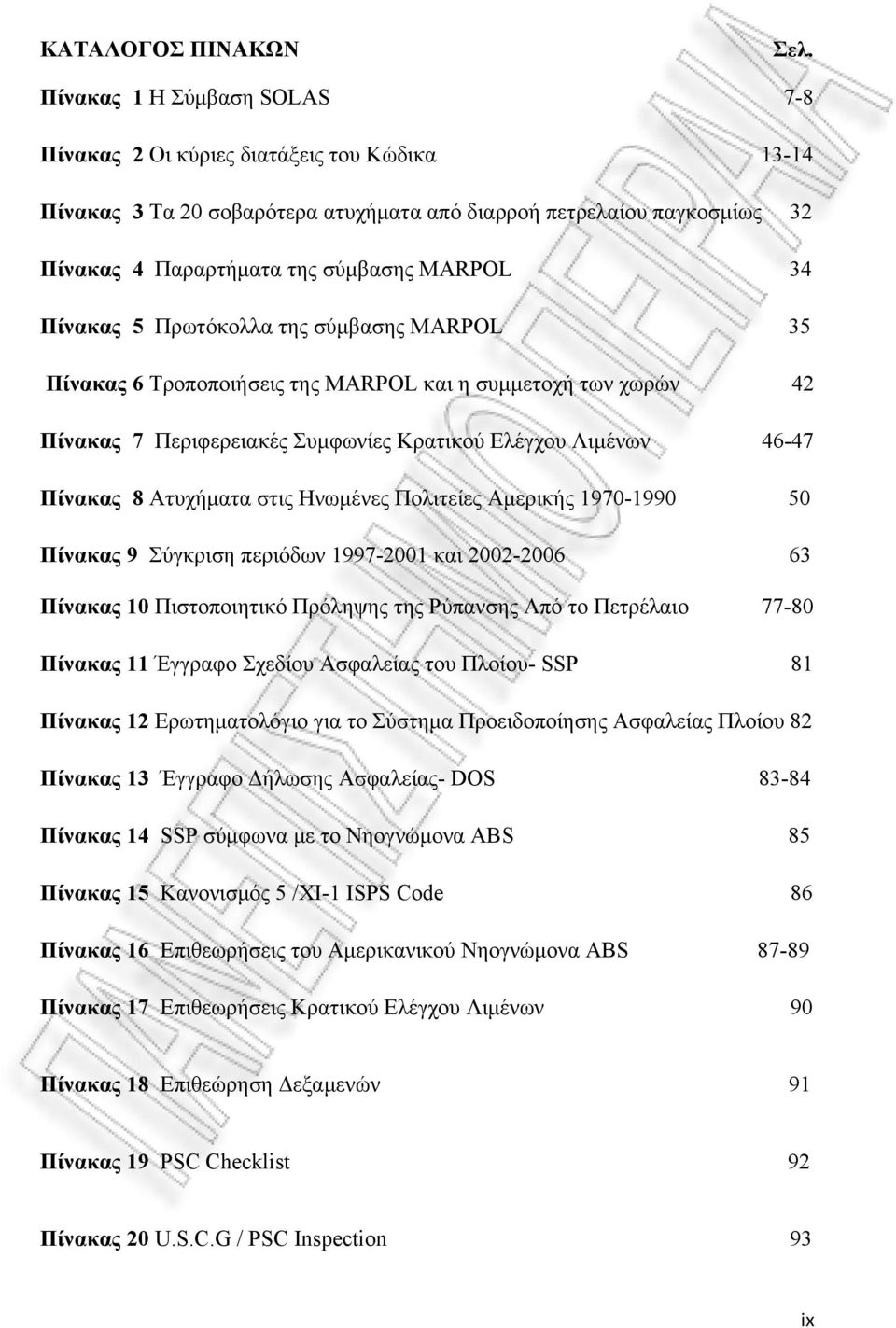 Πίνακας 5 Πρωτόκολλα της σύμβασης MARPOL 35 Πίνακας 6 Τροποποιήσεις της MARPOL και η συμμετοχή των χωρών 42 Πίνακας 7 Περιφερειακές Συμφωνίες Κρατικού Ελέγχου Λιμένων 46-47 Πίνακας 8 Ατυχήματα στις