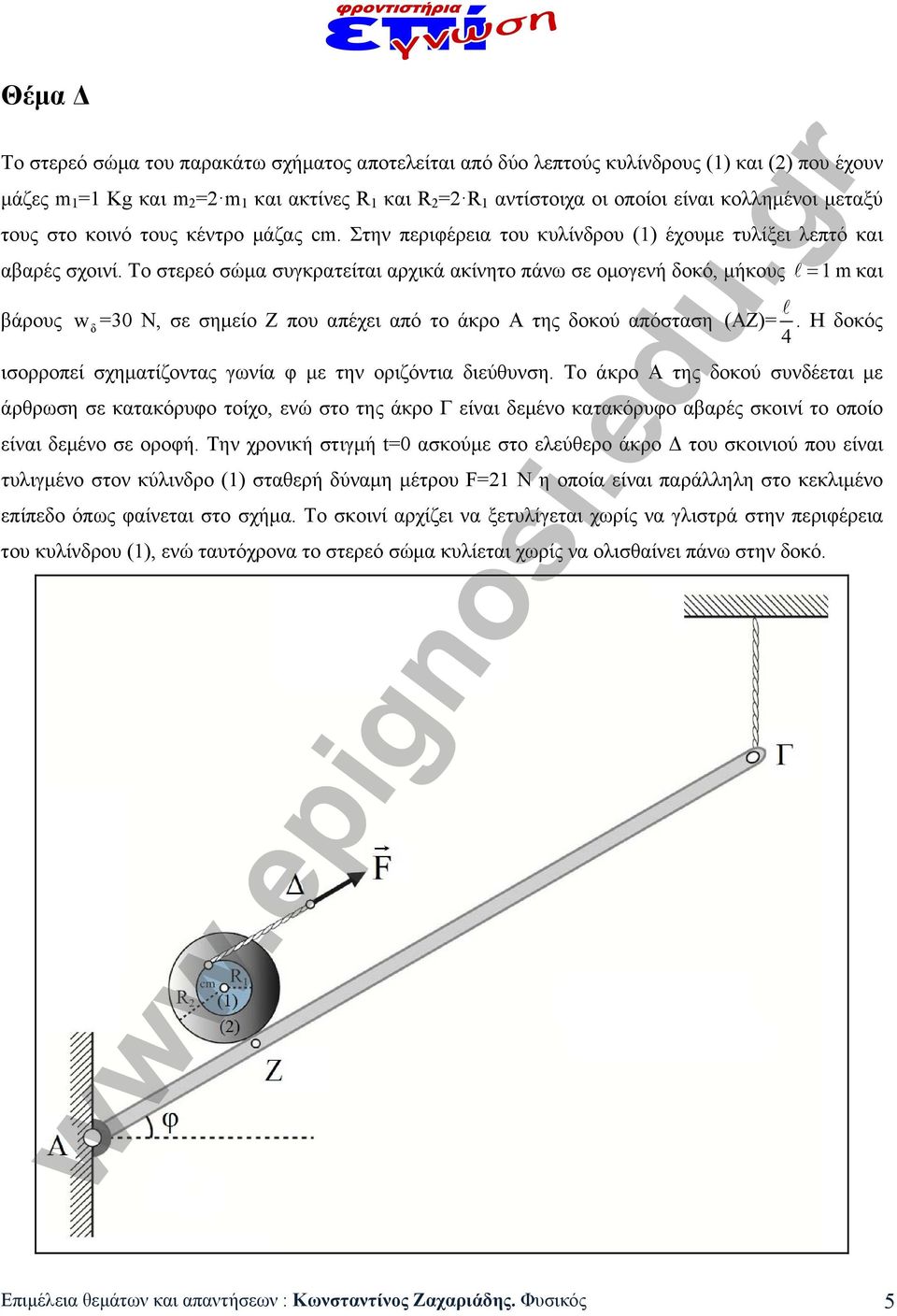 Το στερεό σώμα συγκρατείται αρχικά ακίνητο πάνω σε ομογενή δοκό, μήκους βάρους m και w δ =30 N, σε σημείο Ζ που απέχει από το άκρο Α της δοκού απόσταση (ΑΖ)=.