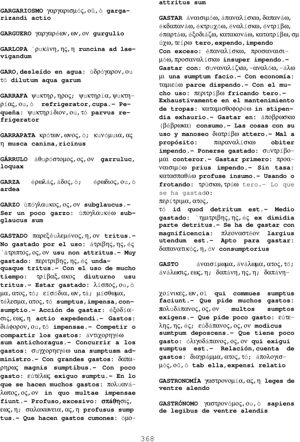 - Pequeña: ψuκτηρíδιον,οu,τó parvus refrigerator GARRAPATA κρóτων,ωνος,ò; κuνóµuια,ας η musca canina,ricinus GÁRRULO áθuρóστοµος,ος,ον garruluc, loquax GARZA éρωλáς,áδος,ò; éρωδιος,οu,ò ardea GARZO