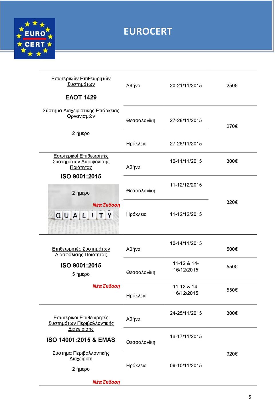 Διασφάλισης Ποιότητας 10-14/11/2015 500 ISO 9001:2015 Θεσσαλονίκη 11-12 & 14-16/12/2015 Νέα Έκδοση Ηράκλειο 11-12 & 14-16/12/2015 Συστημάτων