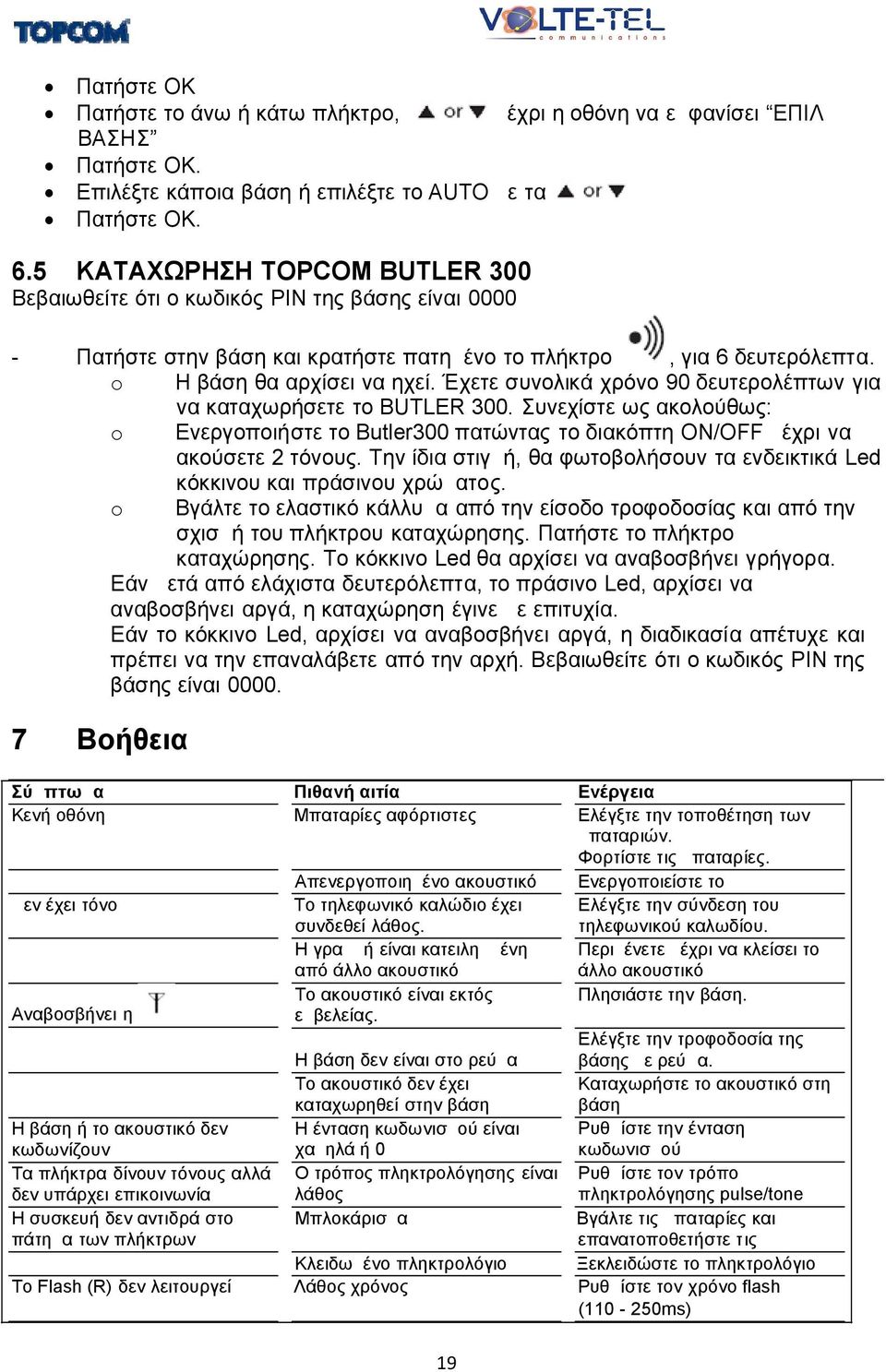 Έχετε συνολικά χρόνο 90 δευτερολέπτων για να καταχωρήσετε το BUTLER 300. Συνεχίστε ως ακολούθως: o Ενεργοποιήστε το Butler300 πατώντας το διακόπτη ON/OFF μέχρι να ακούσετε 2 τόνους.