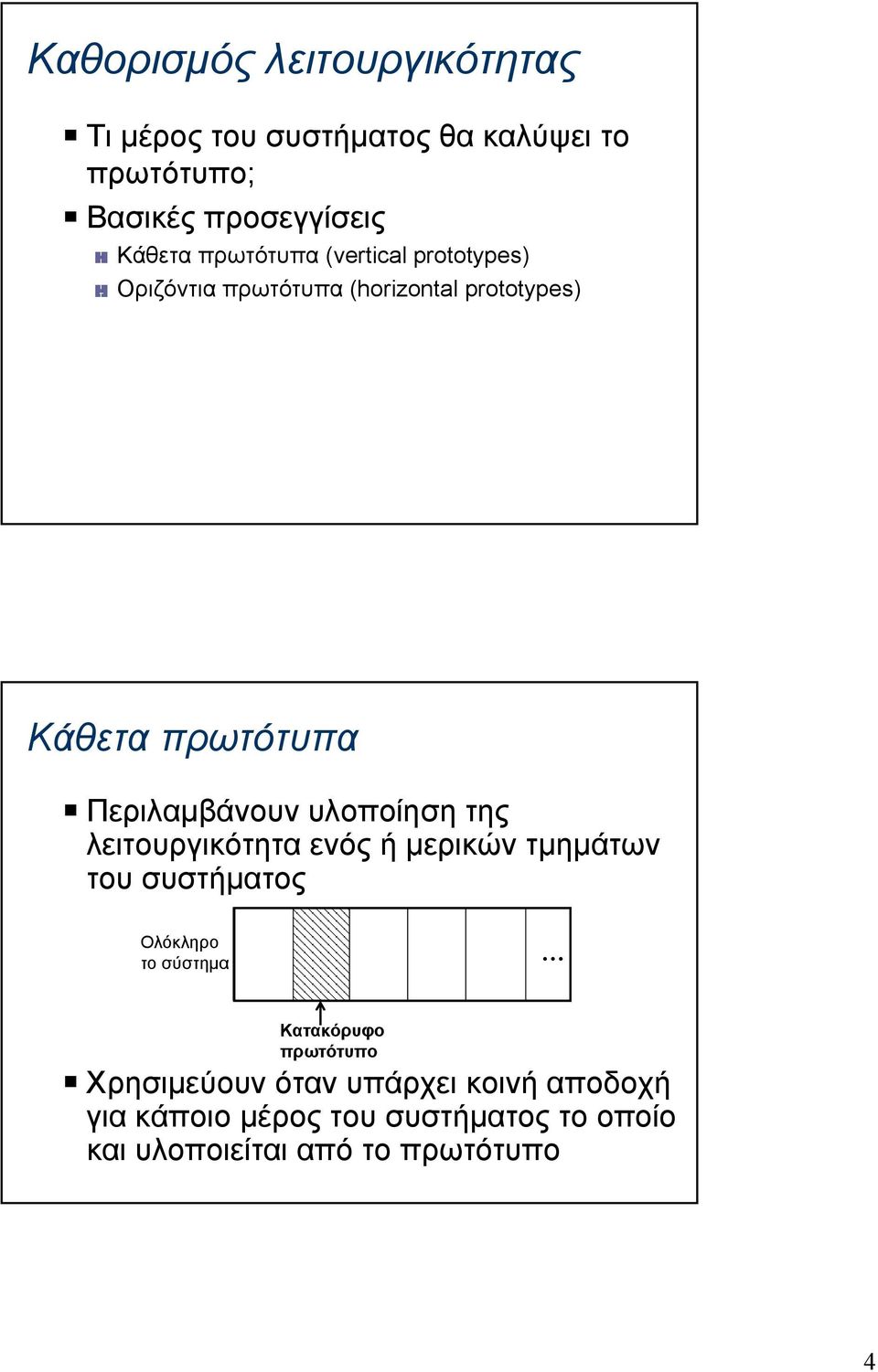 υλοποίηση της λειτουργικότητα ενός ή μερικών μρ τμημάτων του συστήματος Ολόκληρο το σύστημα Κατακόρυφο