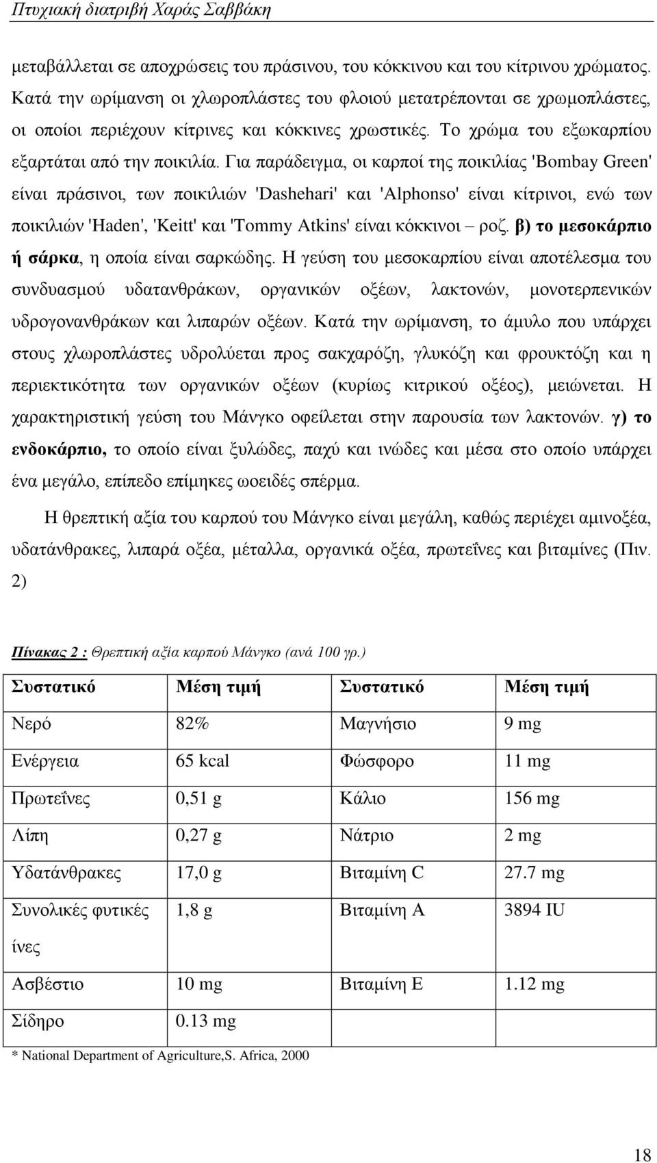 Για παράδειγμα, οι καρποί της ποικιλίας 'Bombay Green' είναι πράσινοι, των ποικιλιών 'Dashehari' και 'Alphonso' είναι κίτρινοι, ενώ των ποικιλιών 'Haden', 'Keitt' και 'Tommy Atkins' είναι κόκκινοι