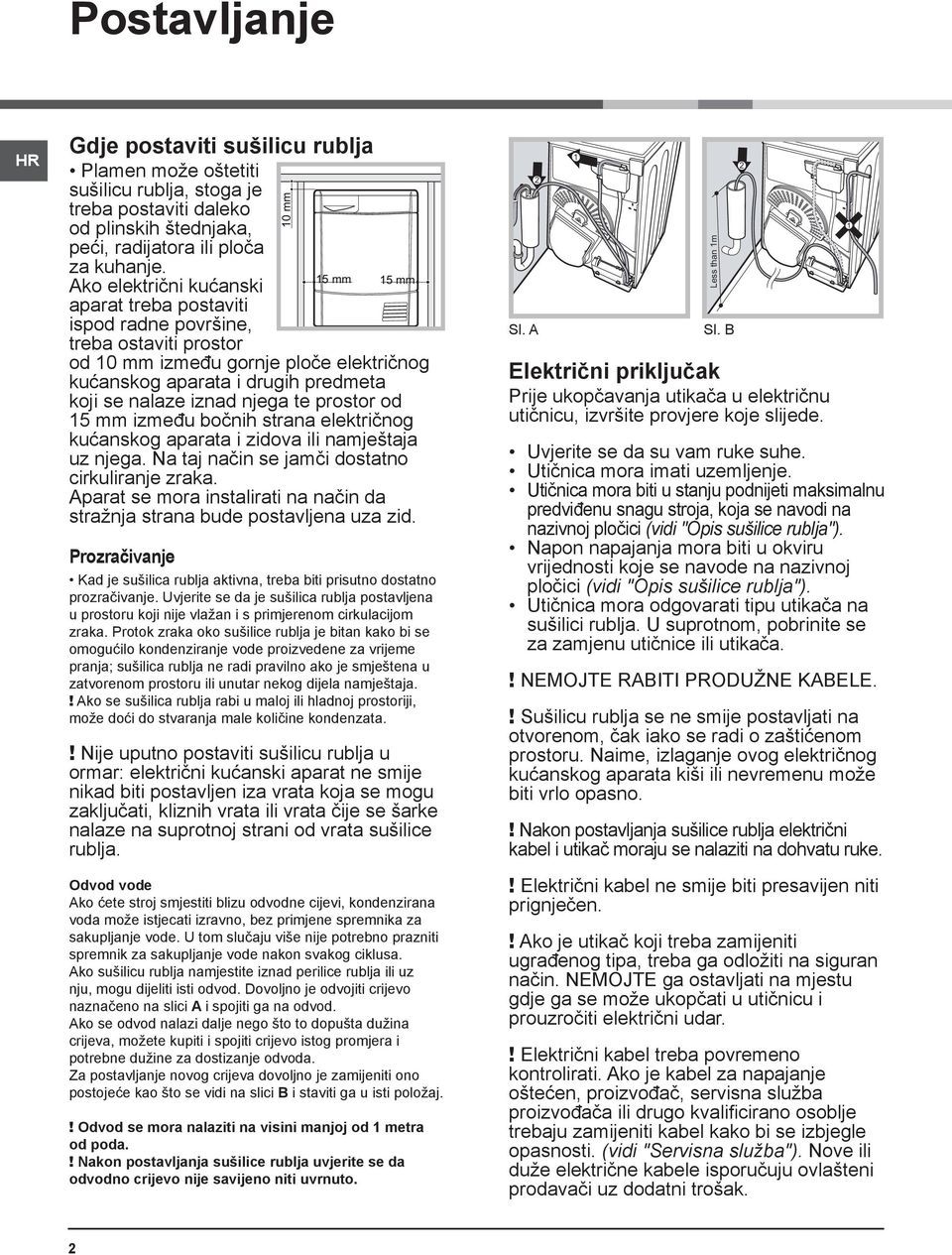 prostor od 15 mm između bočnih strana električnog kućanskog aparata i zidova ili namještaja uz njega. Na taj način se jamči dostatno cirkuliranje zraka.