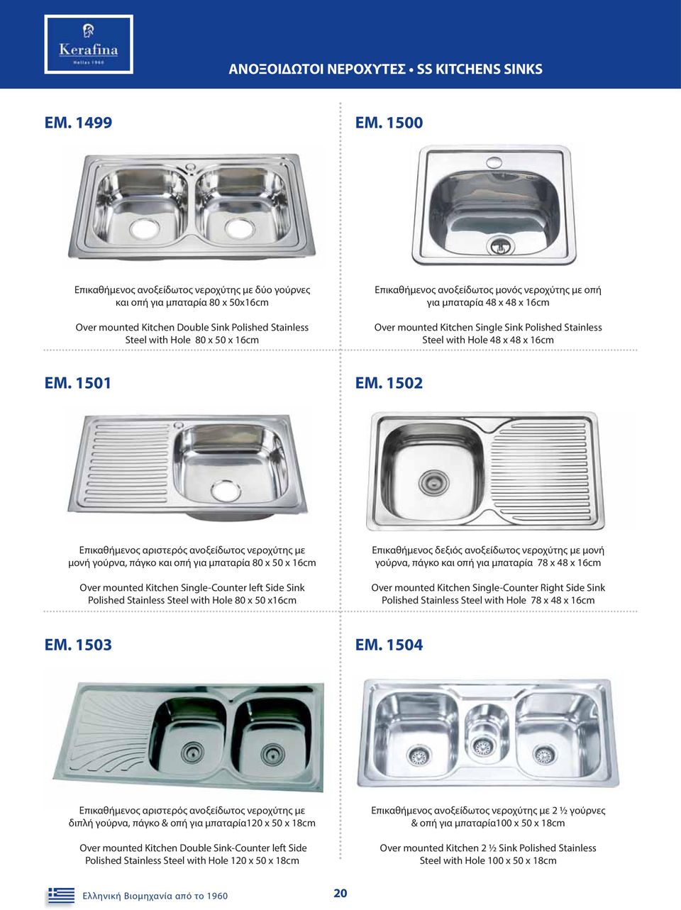 μονός νεροχύτης με οπή για μπαταρία 48 x 48 x 16cm Over mounted Kitchen Single Sink Polished Stainless Steel with Hole 48 x 48 x 16cm ΕΜ. 1501 ΕΜ.