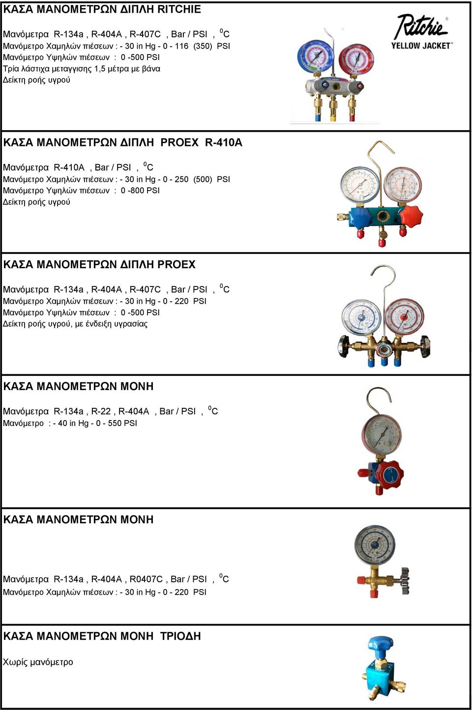 Δείκτη ροής υγρού ΚΑΣΑ ΜΑΝΟΜΕΤΡΩΝ ΔΙΠΛΗ PROEX Μανόμετρα R-134a, R-404A, R-407C, Bar / PSI, 0 C Μανόμετρο Χαμηλών πιέσεων : - 30 in Hg - 0-220 PSI Μανόμετρο Υψηλών πιέσεων : 0-500 PSI Δείκτη ροής