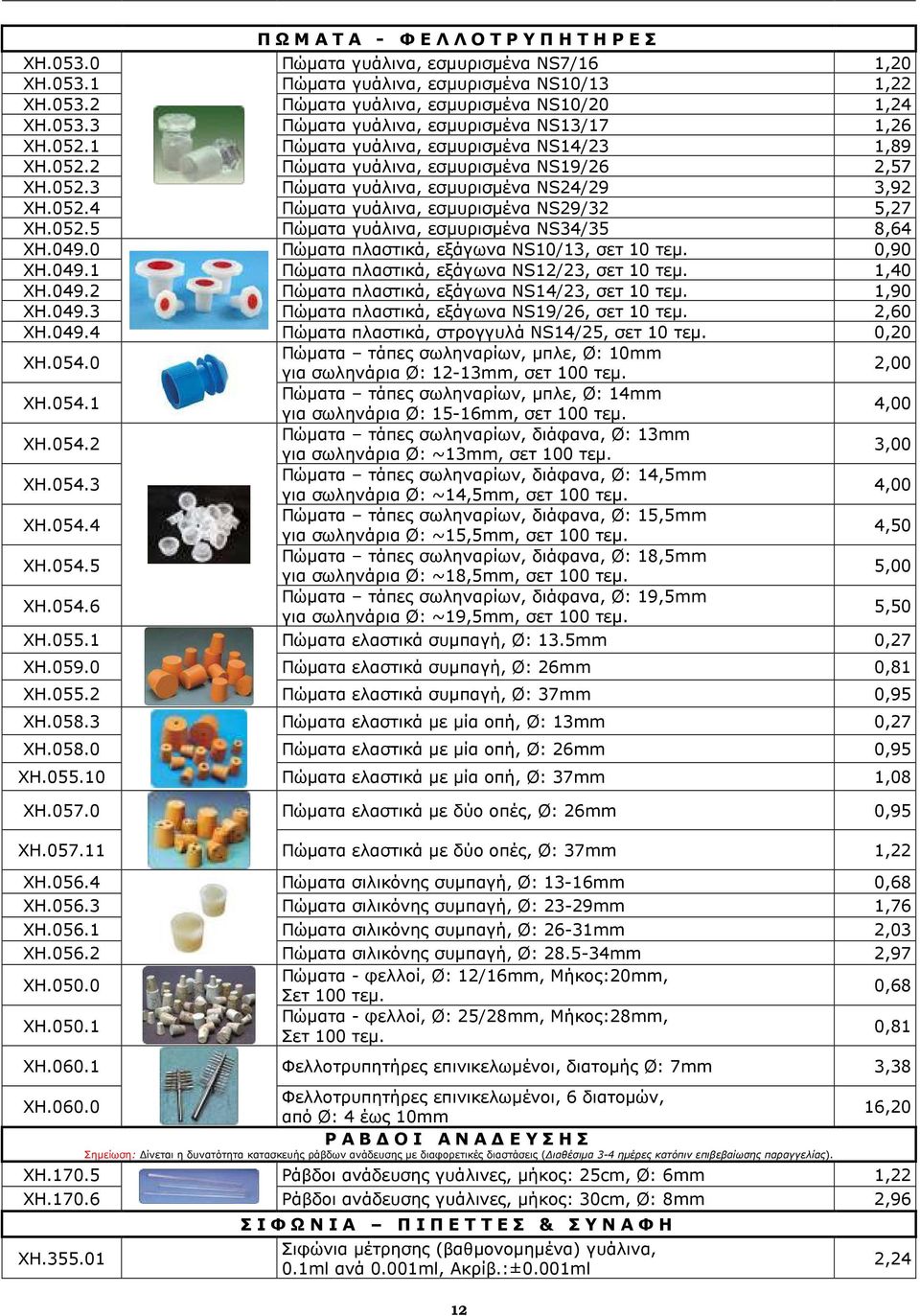 052.5 Πώµατα γυάλινα, εσµυρισµένα NS34/35 8,64 ΧΗ.049.0 Πώµατα πλαστικά, εξάγωνα NS10/13, σετ 10 τεµ. 0,90 ΧΗ.049.1 Πώµατα πλαστικά, εξάγωνα NS12/23, σετ 10 τεµ. 1,40 ΧΗ.049.2 Πώµατα πλαστικά, εξάγωνα NS14/23, σετ 10 τεµ.