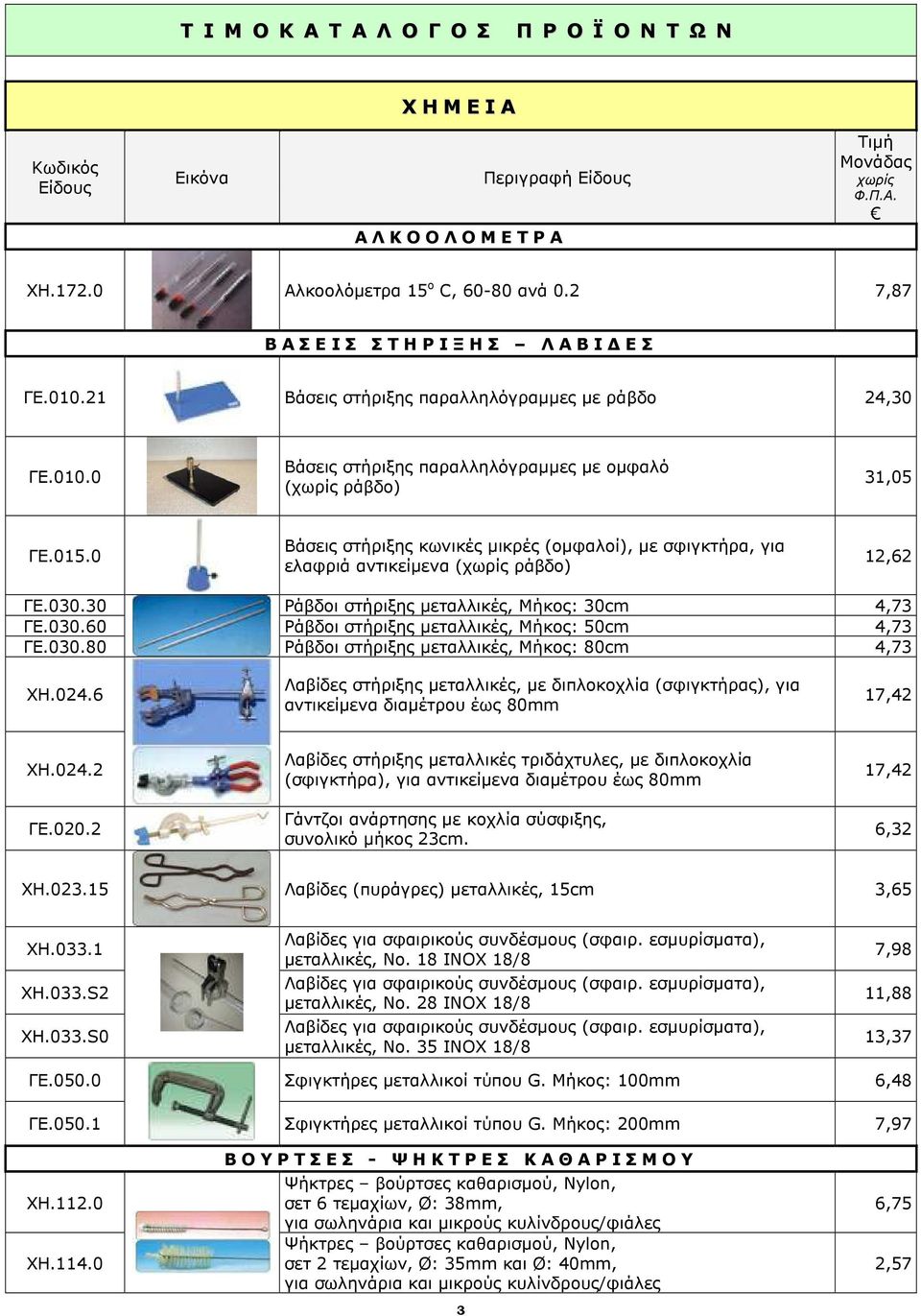 0 Βάσεις στήριξης κωνικές µικρές (οµφαλοί), µε σφιγκτήρα, για ελαφριά αντικείµενα (χωρίς ράβδο) 12,62 ΓΕ.030.30 Ράβδοι στήριξης µεταλλικές, Μήκος: 30cm 4,73 ΓΕ.030.60 Ράβδοι στήριξης µεταλλικές, Μήκος: 50cm 4,73 ΓΕ.