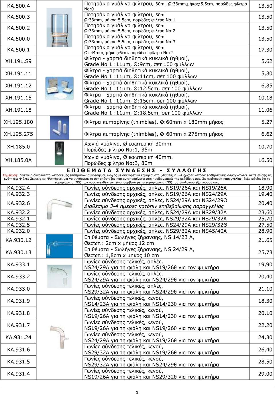 30ml Ø:33mm, µήκος:5,5cm, πορώδες φίλτρο Νο:3 Ποτηράκια γυάλινα φίλτρου, 50ml Ø: 44mm, µήκος:6cm, πορώδες φίλτρο Νο:2 Φίλτρα - χαρτιά διηθητικά κυκλικά (ηθµοί), Grade No 1 :11µm, Ø:9cm, σετ 100