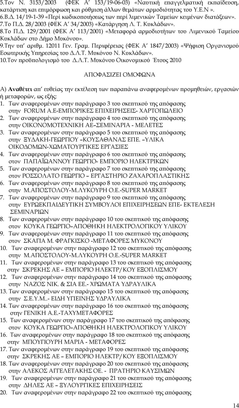 9.Την υπ αριθμ. 12011 Γεν. Γραμ. Περιφέρειας (ΦΕΚ Α 1847/2003) «Ψήφιση Οργανισμού Εσωτερικής Υπηρεσίας του Δ.Λ.Τ. Μυκόνου Ν. Κυκλάδων». 10.Τον προϋπολογισμό του Δ.Λ.Τ. Μυκόνου Οικονομικού Έτους 2010 ΑΠΟΦΑΣΙΖΕΙ ΟΜΟΦΩΝΑ Α) Αναθέτει απ ευθείας την εκτέλεση των παραπάνω αναφερομένων προμηθειών, εργασιών ή μεταφορών, ως εξής: 1.